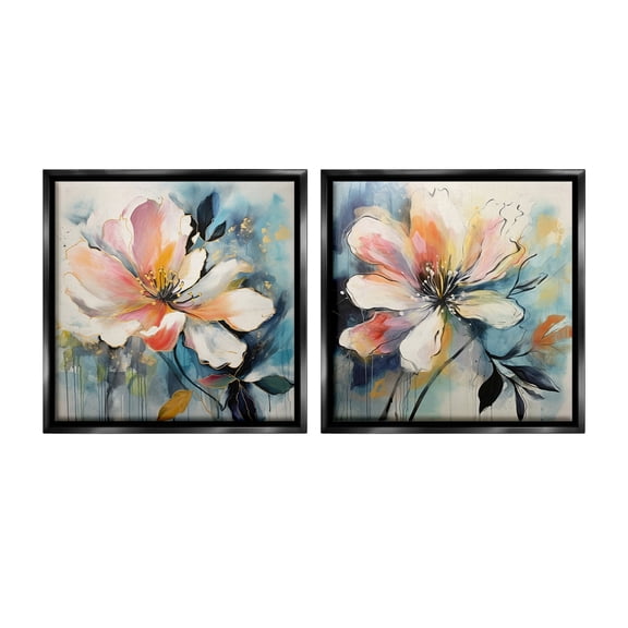 Stupell Industries Modern Dripping Blooms Botanical & Floral Painting Black Floater Framed Canvas Art Print Wall Art, 25 x 25, Set of 2