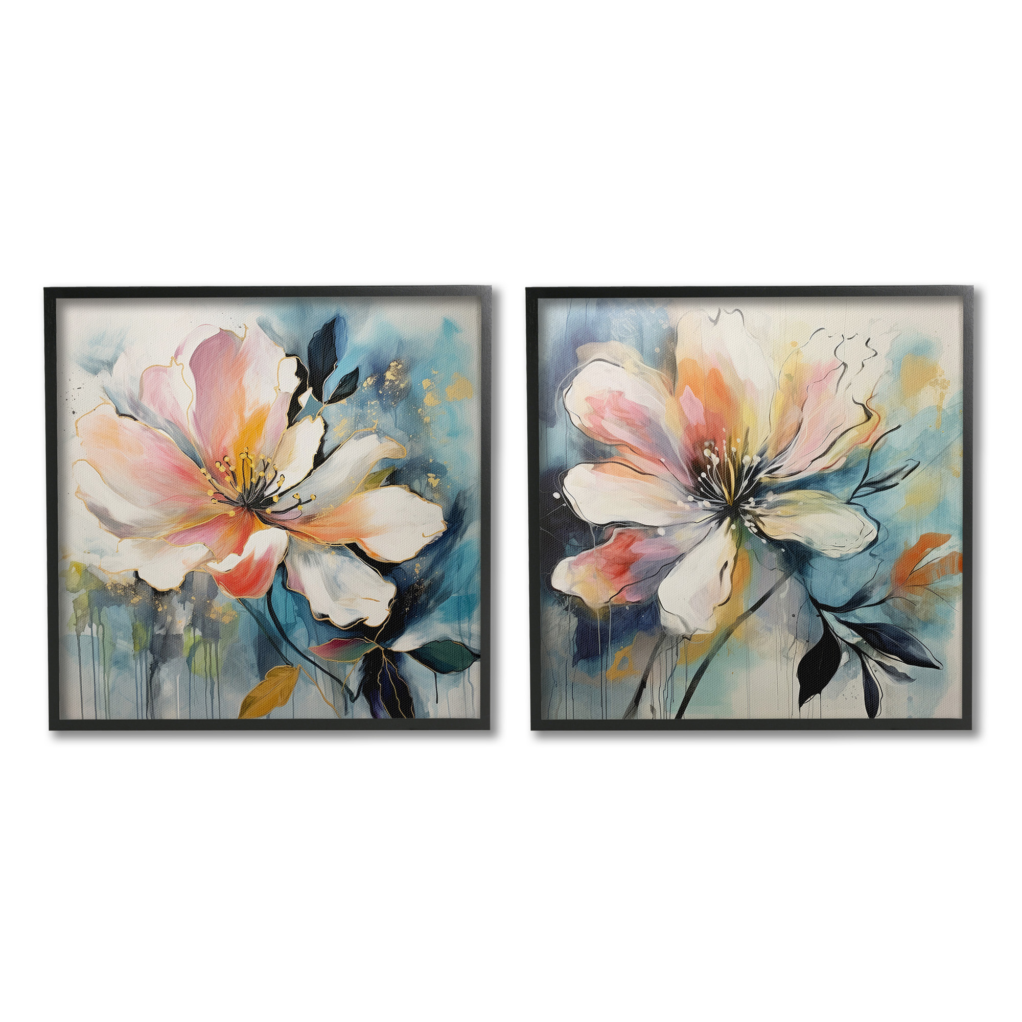 Stupell Industries Modern Dripping Blooms Botanical & Floral Painting Black Framed Art Print Wall Art, 24 x 24, Set of 2