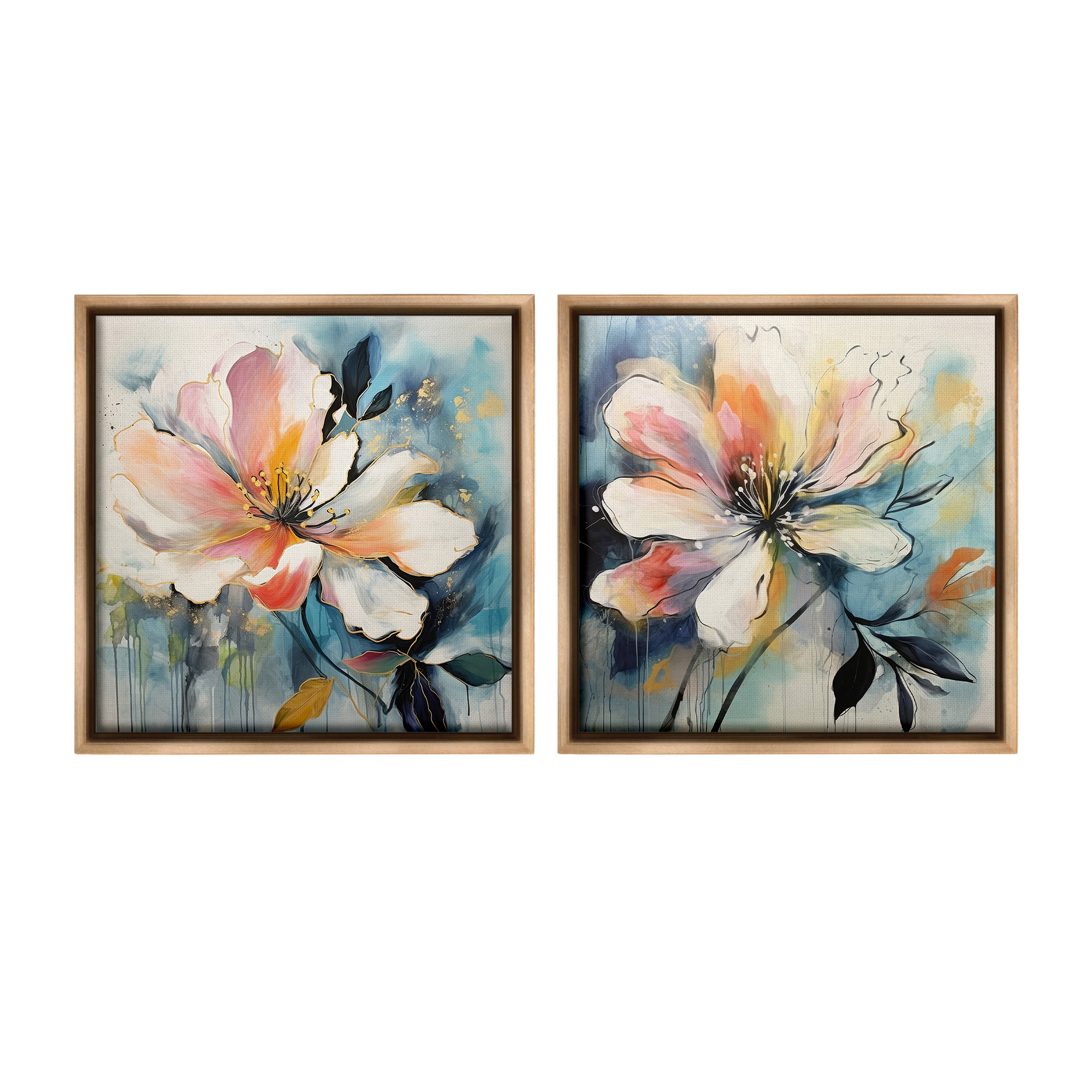 Stupell Industries Modern Dripping Blooms Botanical & Floral Painting Brown Floater Framed Canvas Art Print Wall Art, 25 x 25, Set of 2