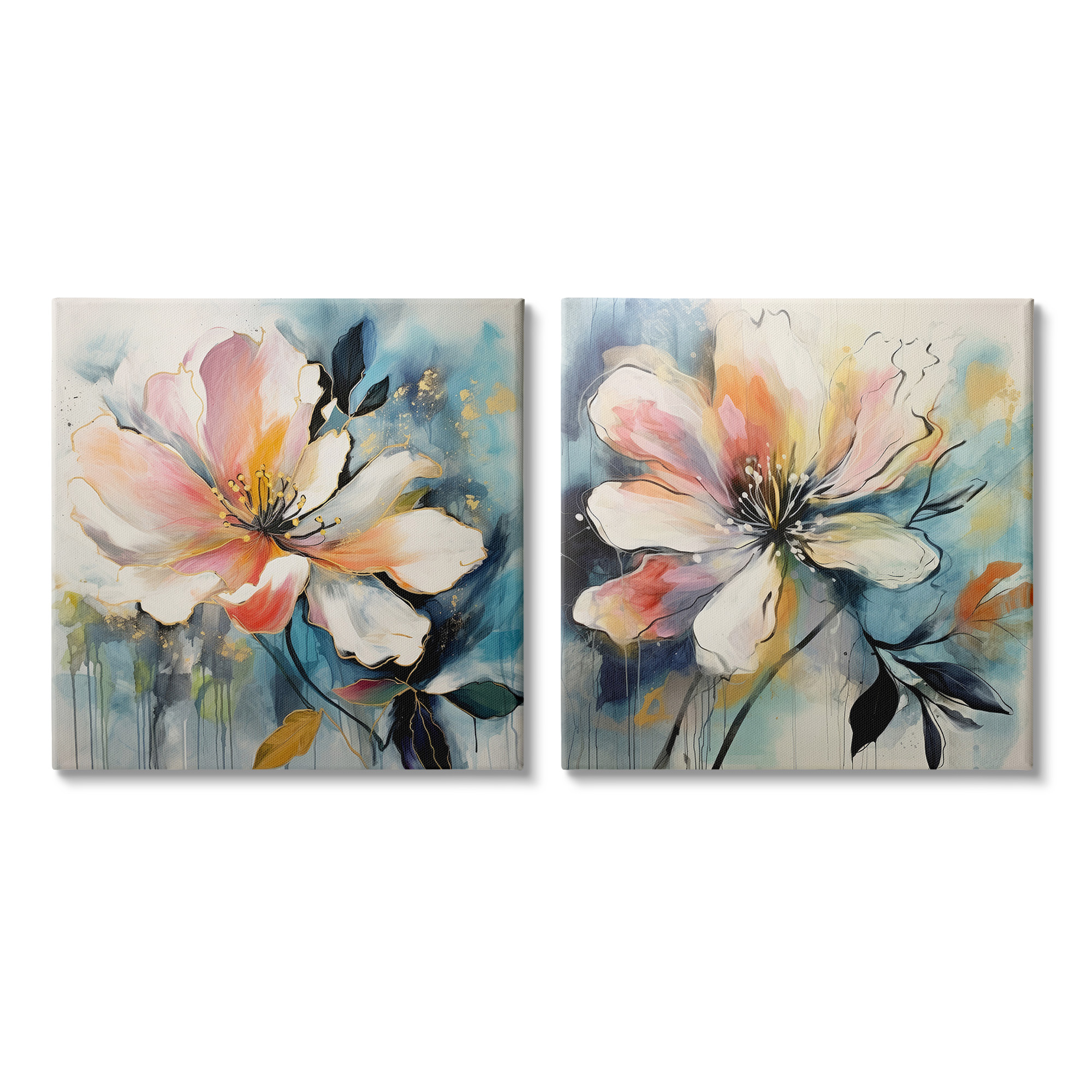 Stupell Industries Modern Dripping Blooms Botanical & Floral Painting Gallery Wrapped Canvas Art Print Wall Art, 24 x 24, Set of 2