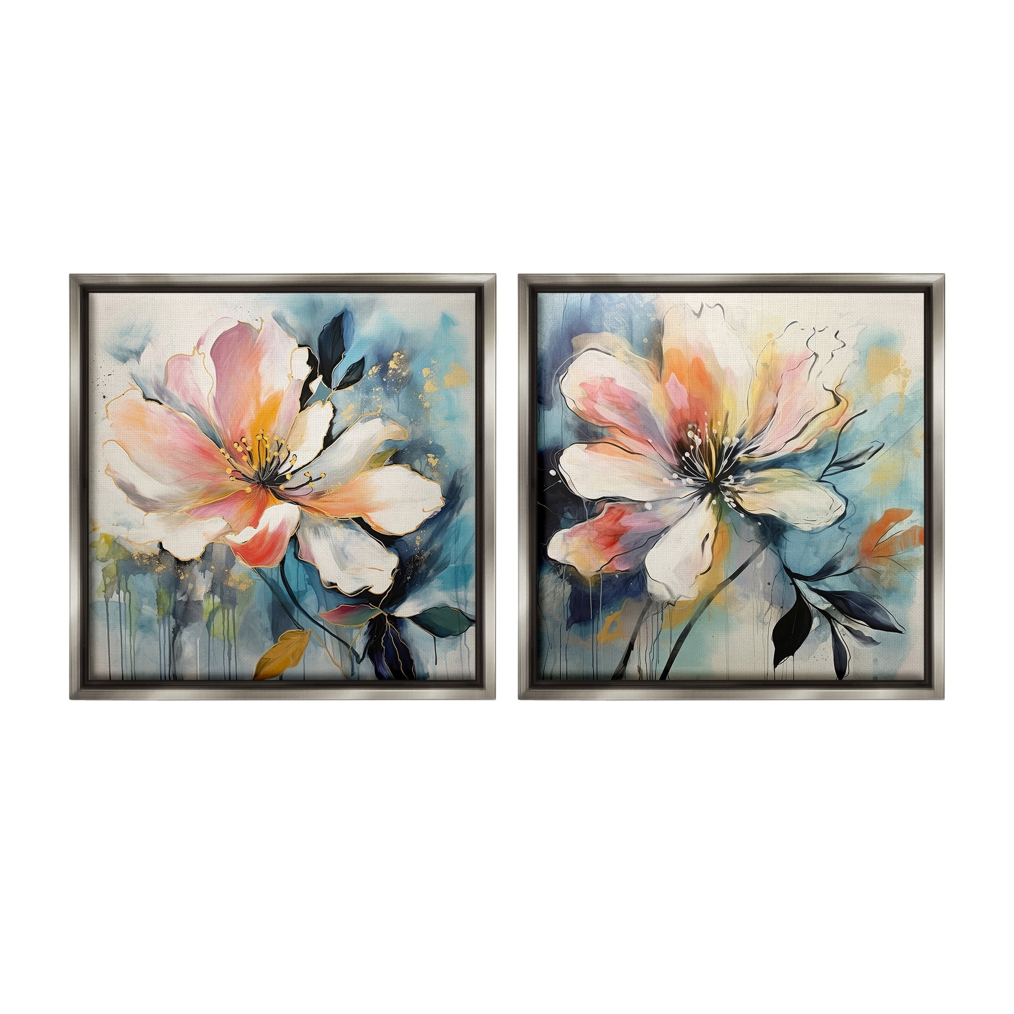 Stupell Industries Modern Dripping Blooms Botanical & Floral Painting Gray Floater Framed Canvas Art Print Wall Art, 25 x 25, Set of 2