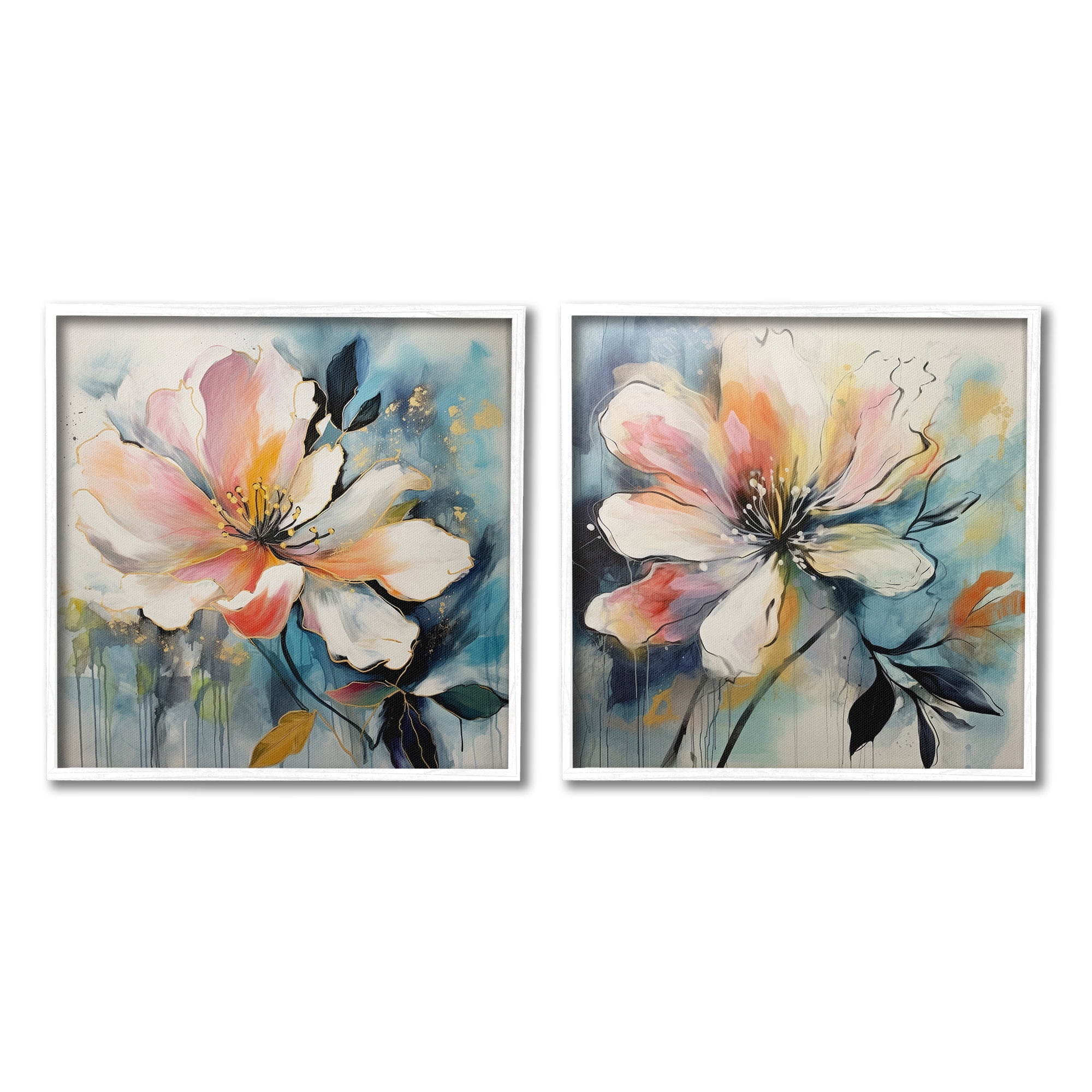 Stupell Industries Modern Dripping Blooms Botanical & Floral Painting White Framed Art Print Wall Art, 17 x 17, Set of 2