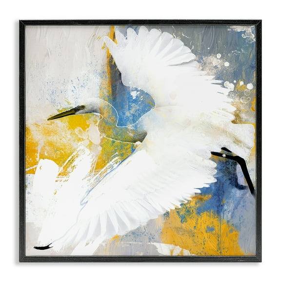 Stupell Industries Modern Egret in Flight Animals Painting Black Framed Art Print Wall Art, 12 x 12