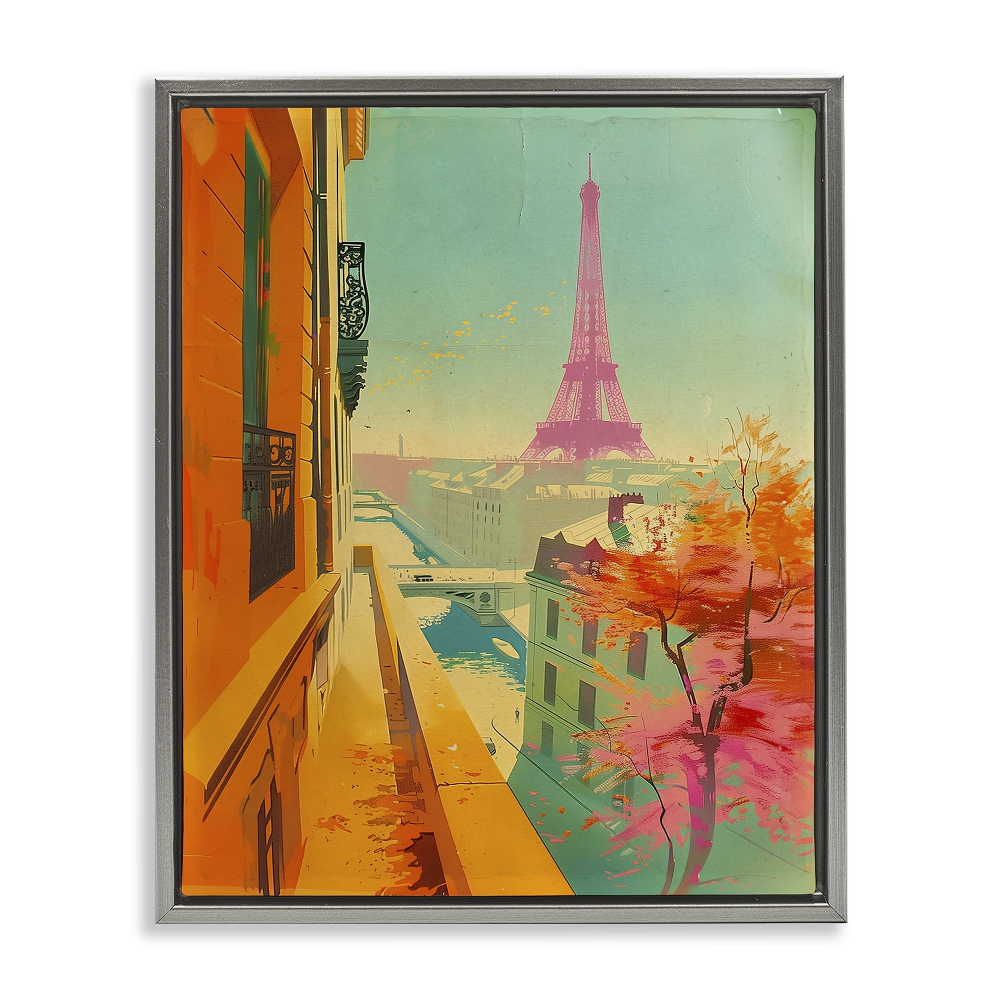 Stupell Industries Modern Eiffel Tower Town & City Painting Gray Floater Framed Art Print Wall Art, 17 x 21