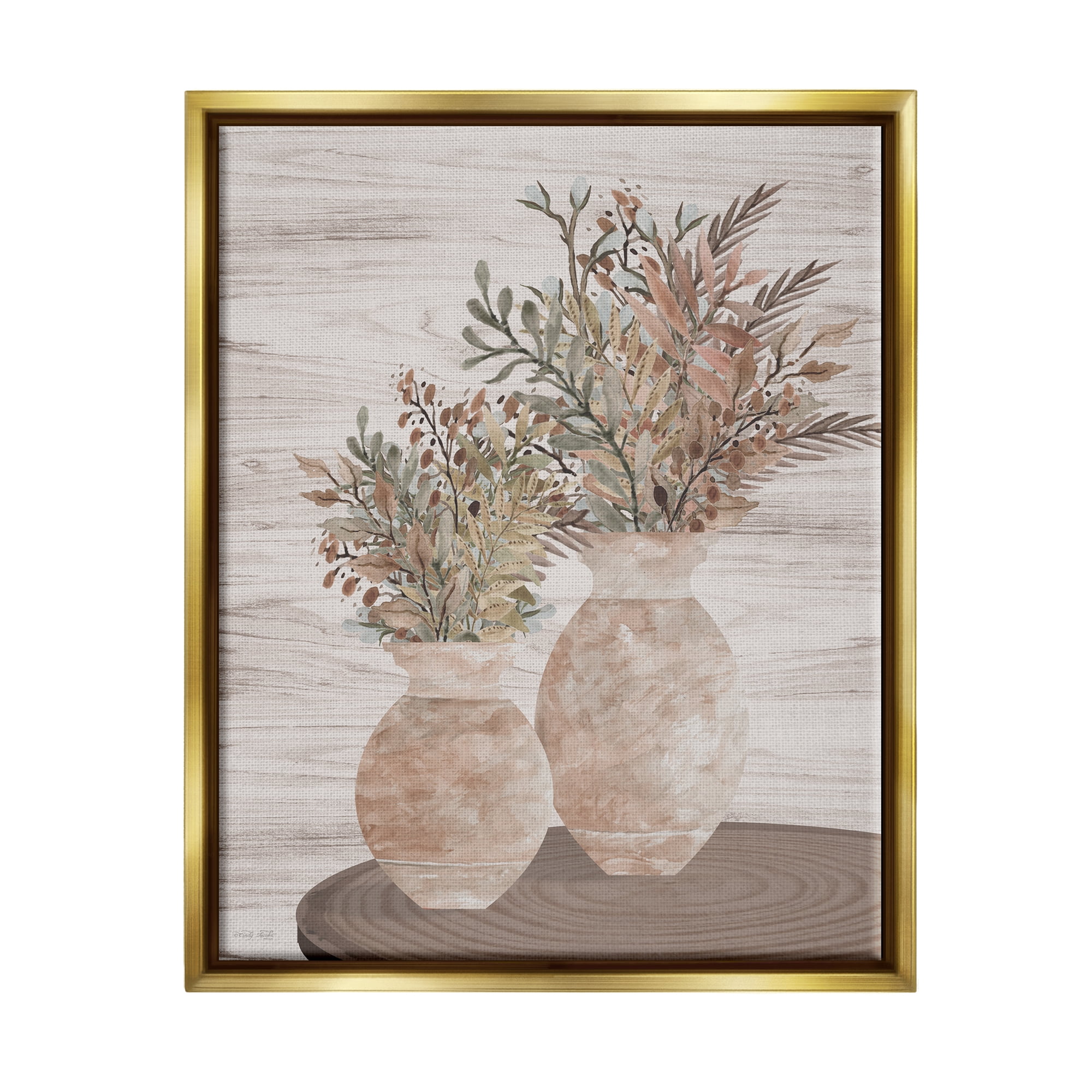 Stupell Industries Modern Farmhouse Blooms Botanical & Floral Painting Gold Floater Framed Canvas Art Print Wall Art, 17 x 21