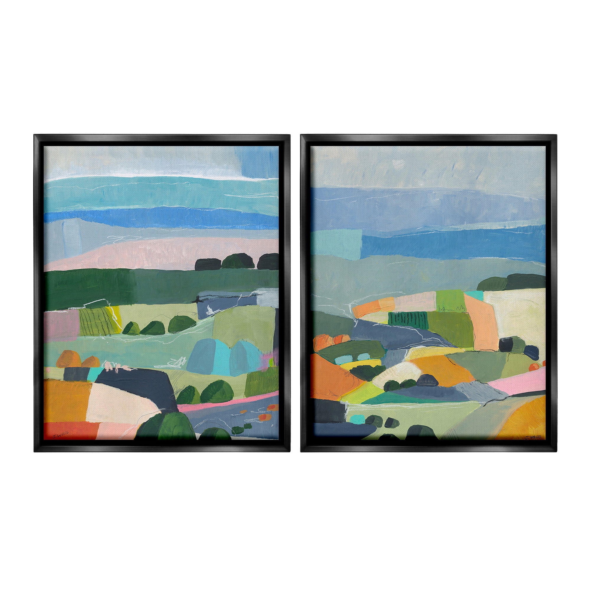 Stupell Industries Modern Farmland & River Landscape Painting Black Floater Framed Canvas Art Print Wall Art, 17 x 21, Set of 2