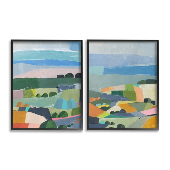 Stupell Industries Modern Farmland & River Landscape Painting Black Framed Art Print Wall Art, 24 x 30, Set of 2