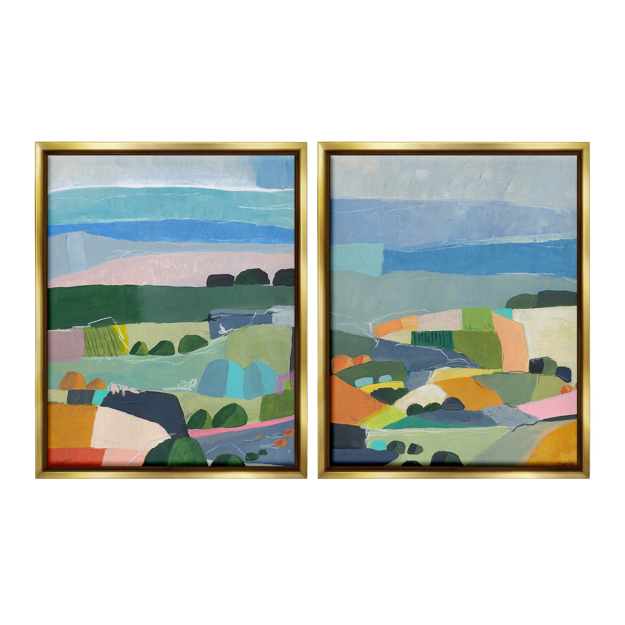 Stupell Industries Modern Farmland & River Landscape Painting Gold Floater Framed Canvas Art Print Wall Art, 17 x 21, Set of 2