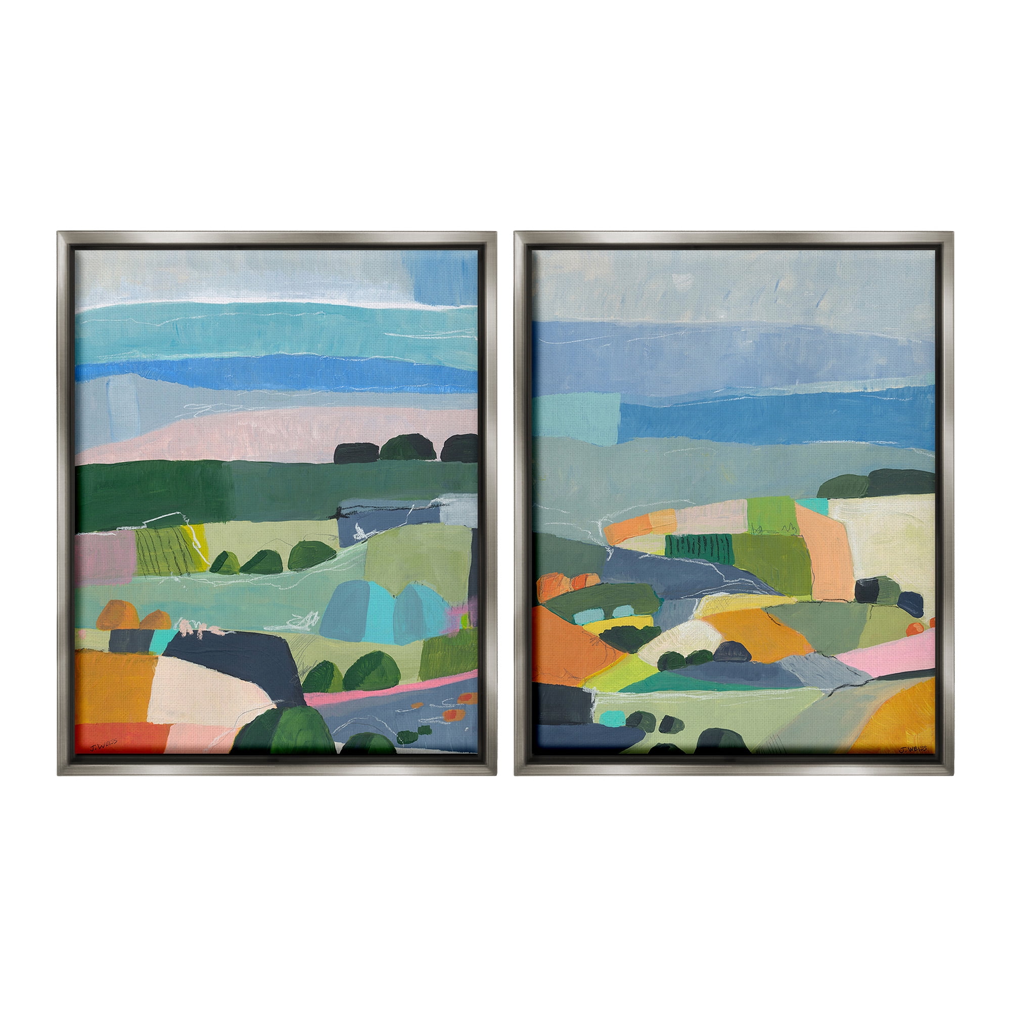 Stupell Industries Modern Farmland & River Landscape Painting Gray Floater Framed Canvas Art Print Wall Art, 17 x 21, Set of 2