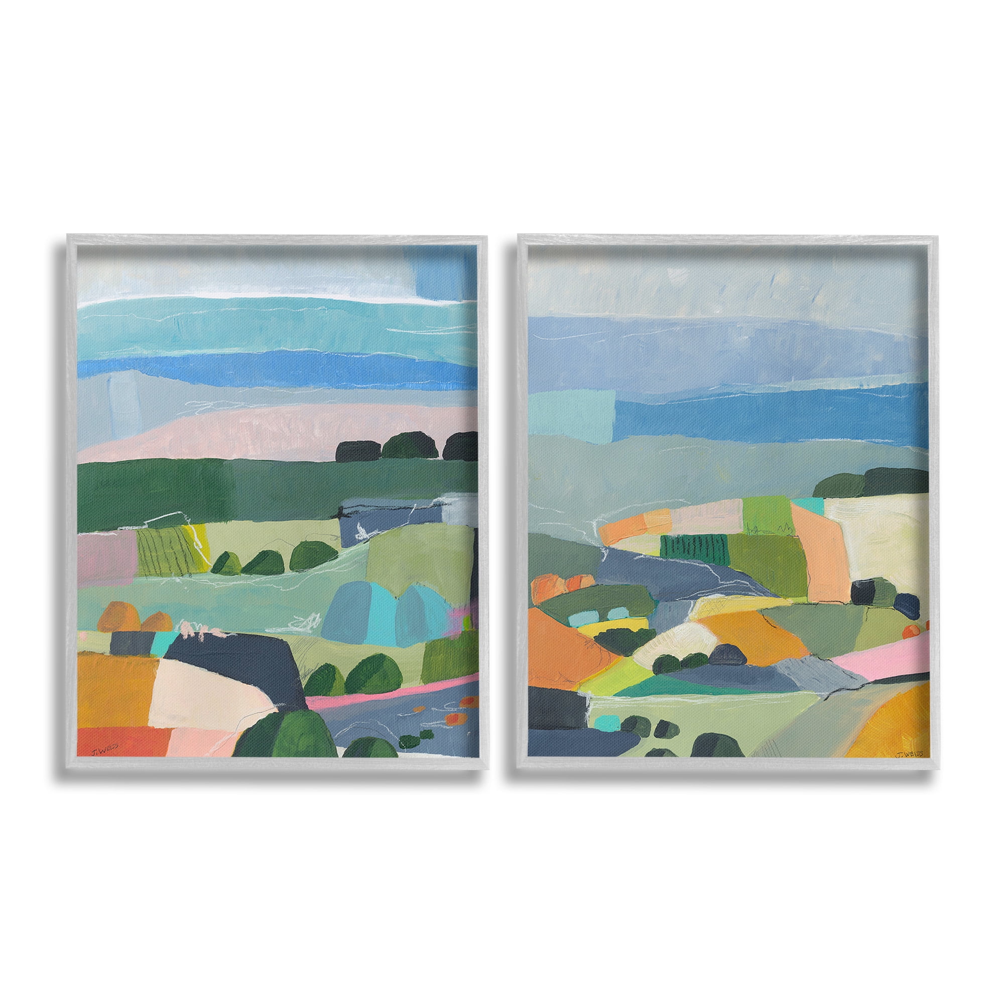 Stupell Industries Modern Farmland & River Landscape Painting Gray Framed Art Print Wall Art, 24 x 30, Set of 2