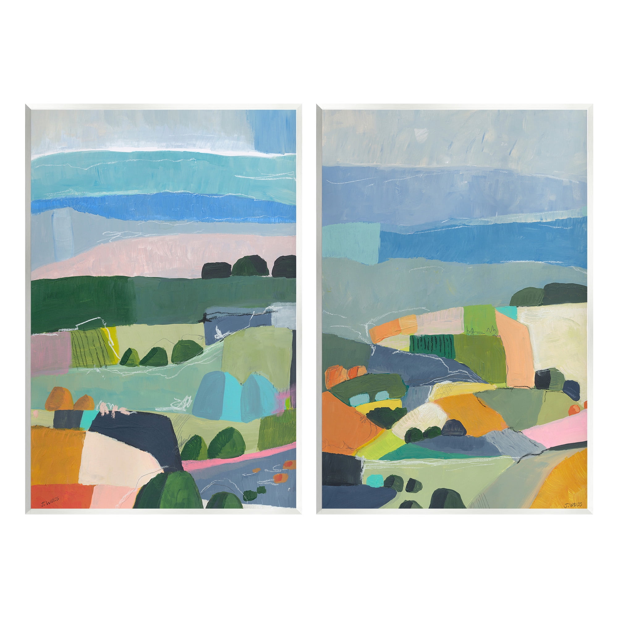 Stupell Industries Modern Farmland & River Landscape Painting Unframed Art Print Wall Art, 13 x 19, Set of 2