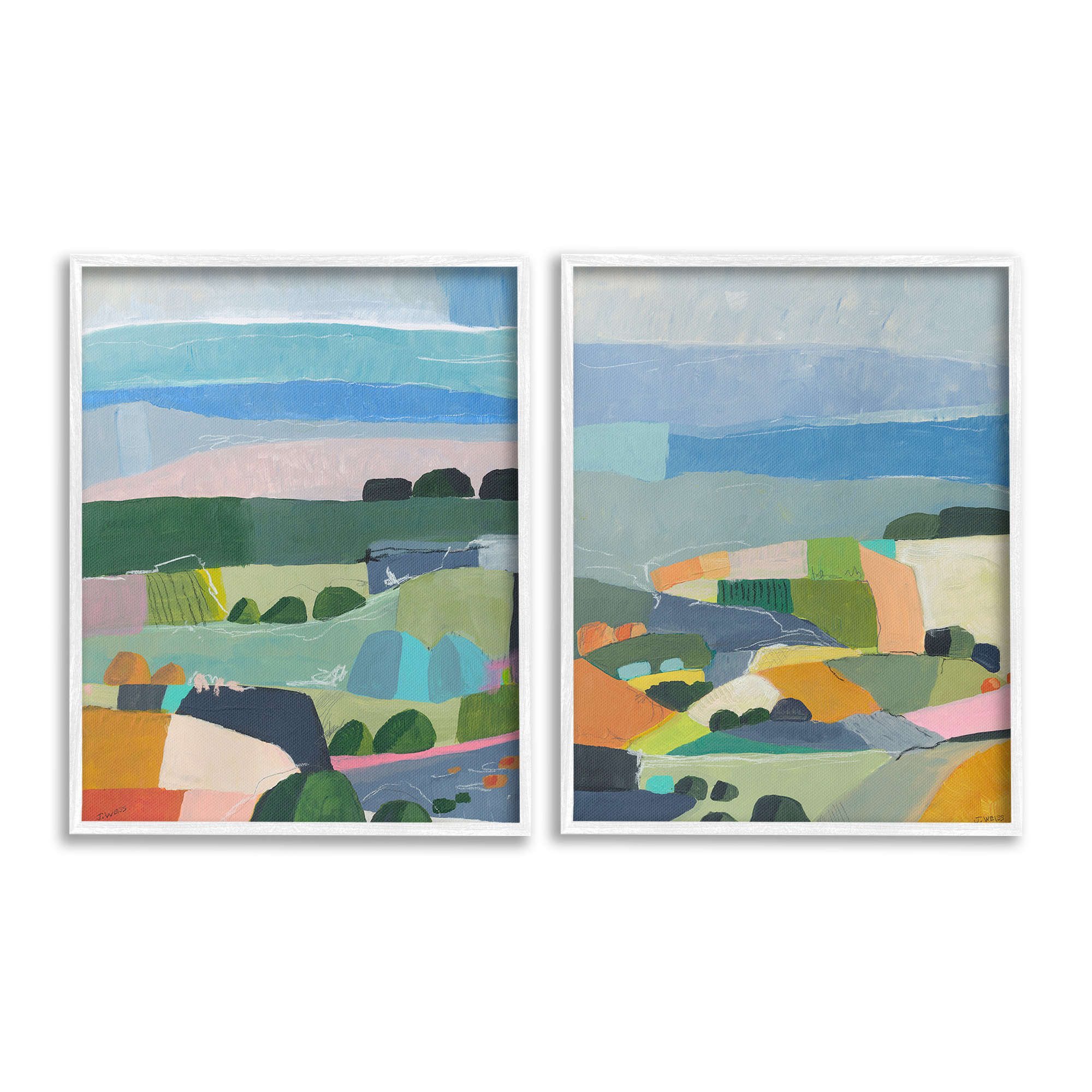 Stupell Industries Modern Farmland & River Landscape Painting White Framed Art Print Wall Art, 16 x 20, Set of 2