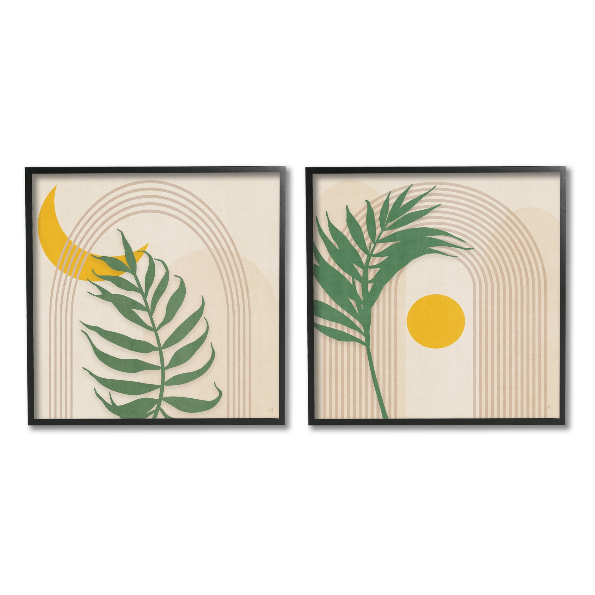 Stupell Industries Modern Fern Moon & Sun Botanical & Floral Painting Black Framed Art Print Wall Art, 17 x 17, Set of 2