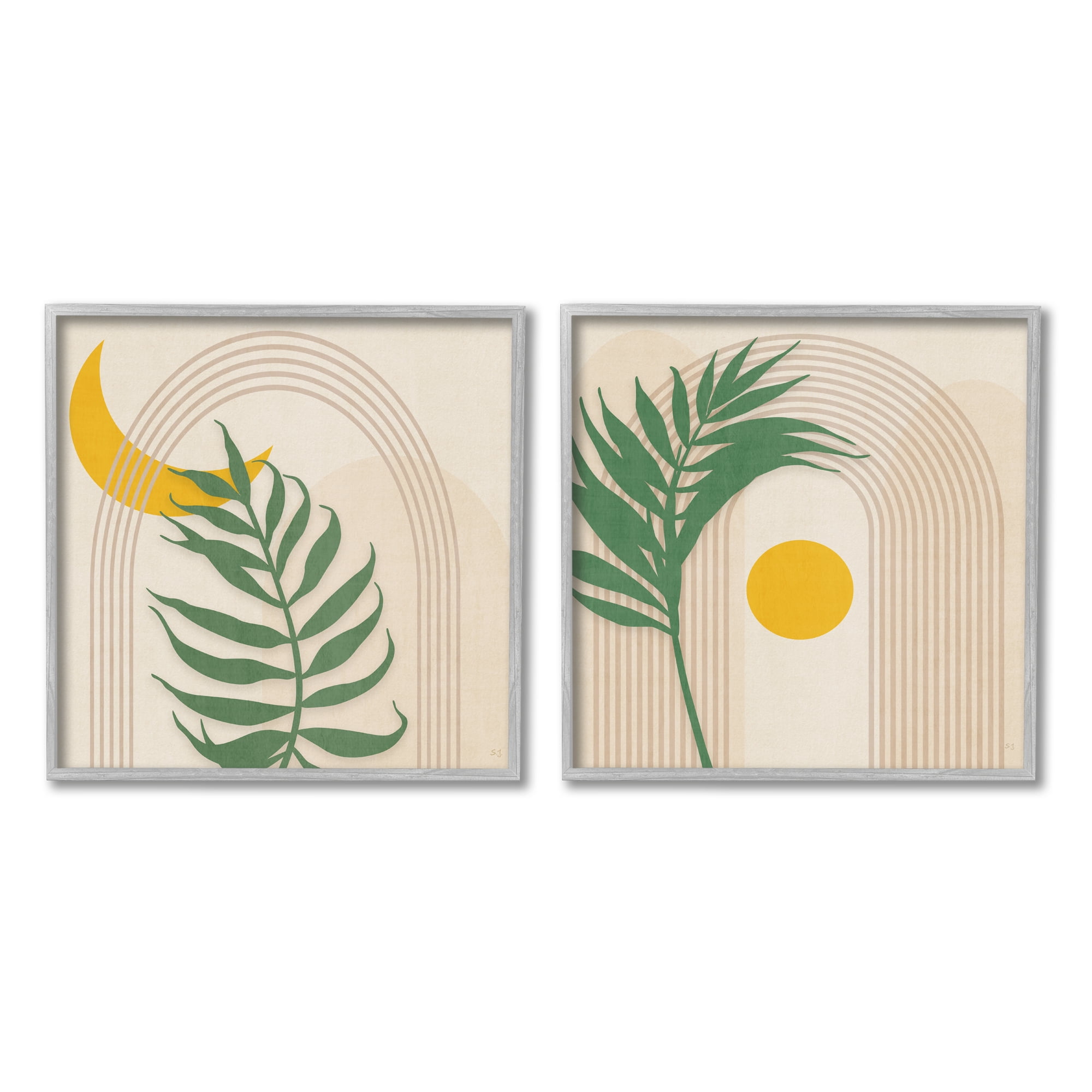 Stupell Industries Modern Fern Moon & Sun Botanical & Floral Painting Gray Framed Art Print Wall Art, 12 x 12, Set of 2