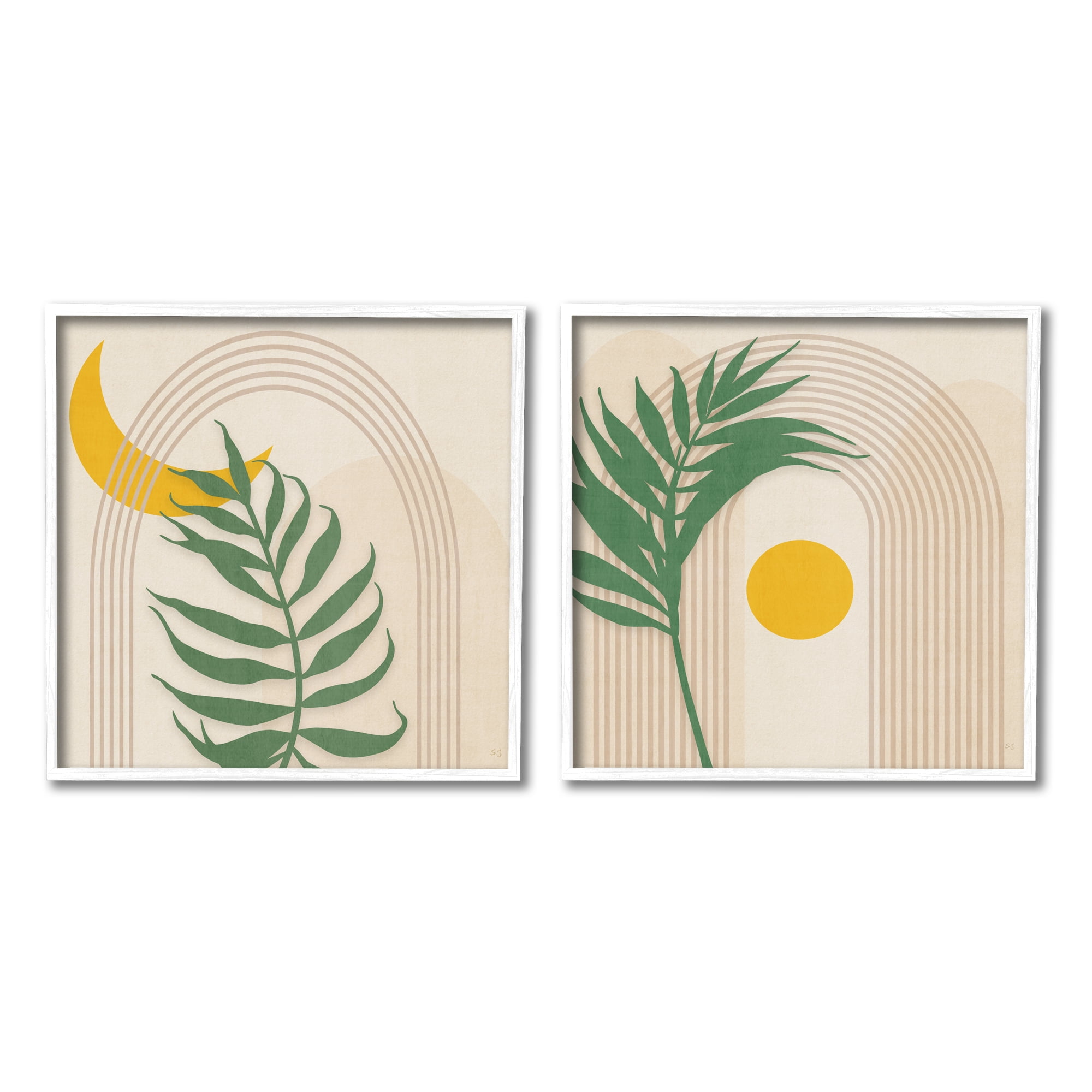Stupell Industries Modern Fern Moon & Sun Botanical & Floral Painting White Framed Art Print Wall Art, 12 x 12, Set of 2