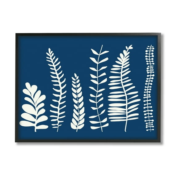Stupell Industries Modern Fern Plant Leaves Blue Nature Silhouettes Graphic Art Black Framed Art Print Wall Art, Design by Deborah Velasquez