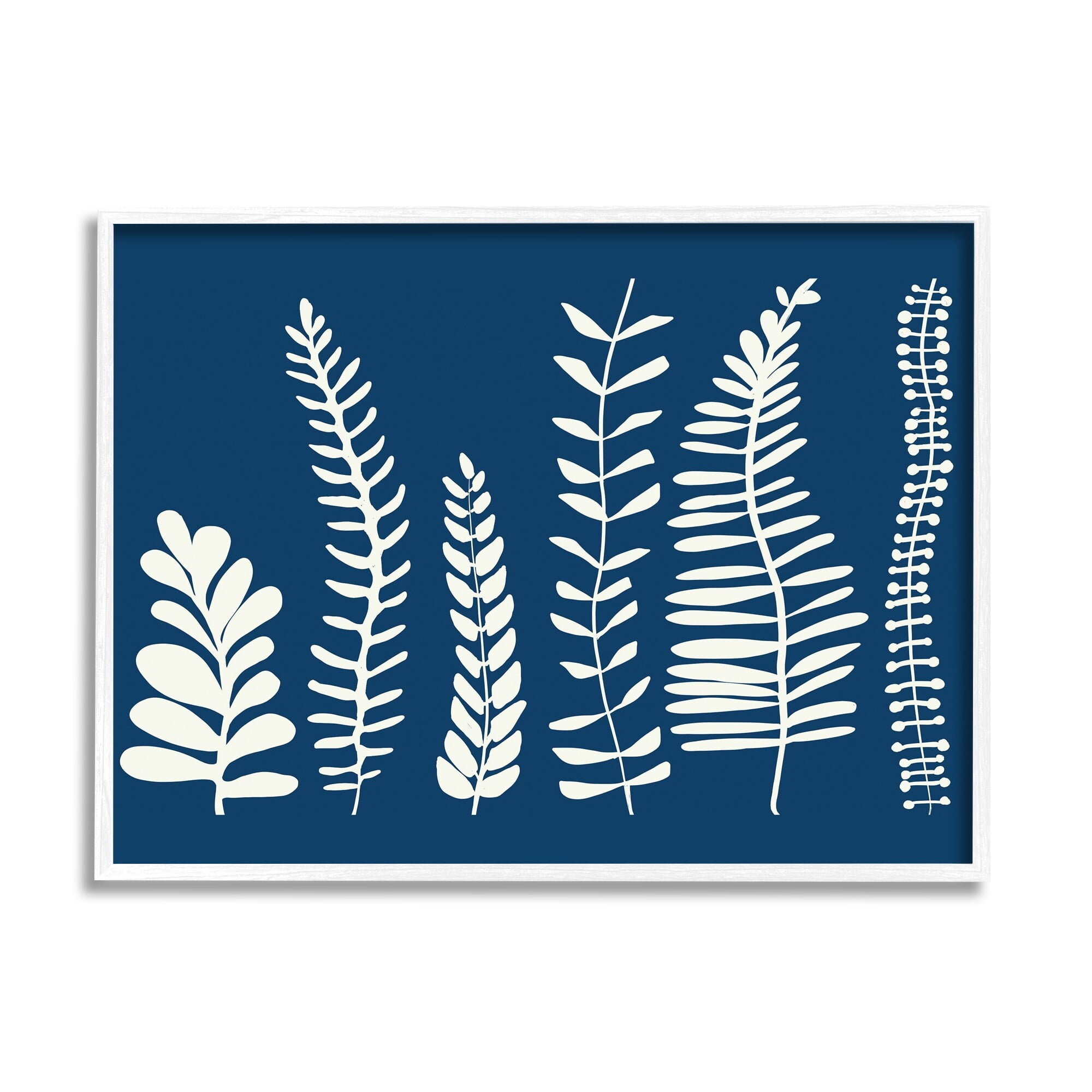 Stupell Industries Modern Fern Plant Leaves Blue Nature Silhouettes Graphic Art White Framed Art Print Wall Art, Design by Deborah Velasquez