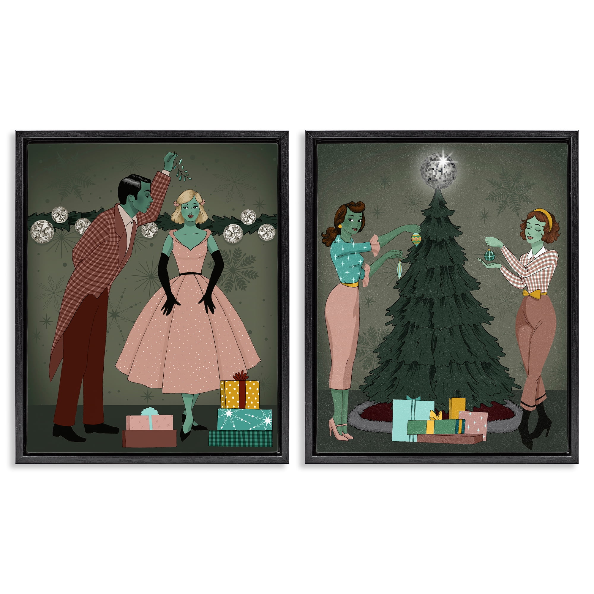Stupell Industries Modern Festive Holiday Decorating Holiday Painting Black Floater Framed Canvas Art Print Wall Art, 31 x 25, Set of 2