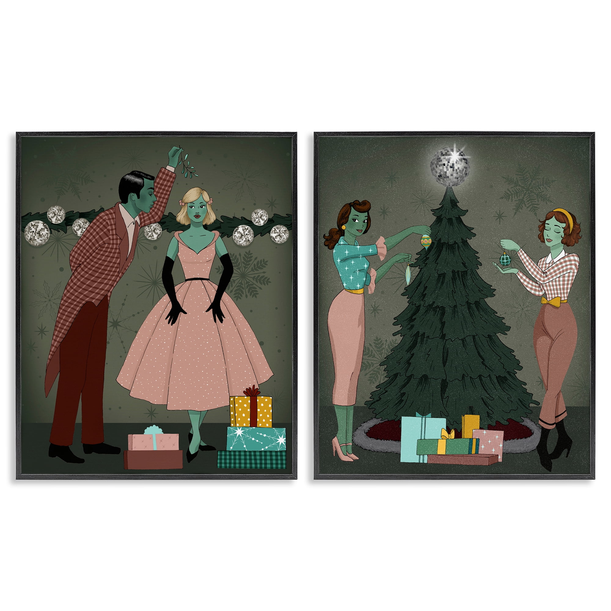 Stupell Industries Modern Festive Holiday Decorating Holiday Painting Black Framed Art Print Wall Art, 24 x 30, Set of 2