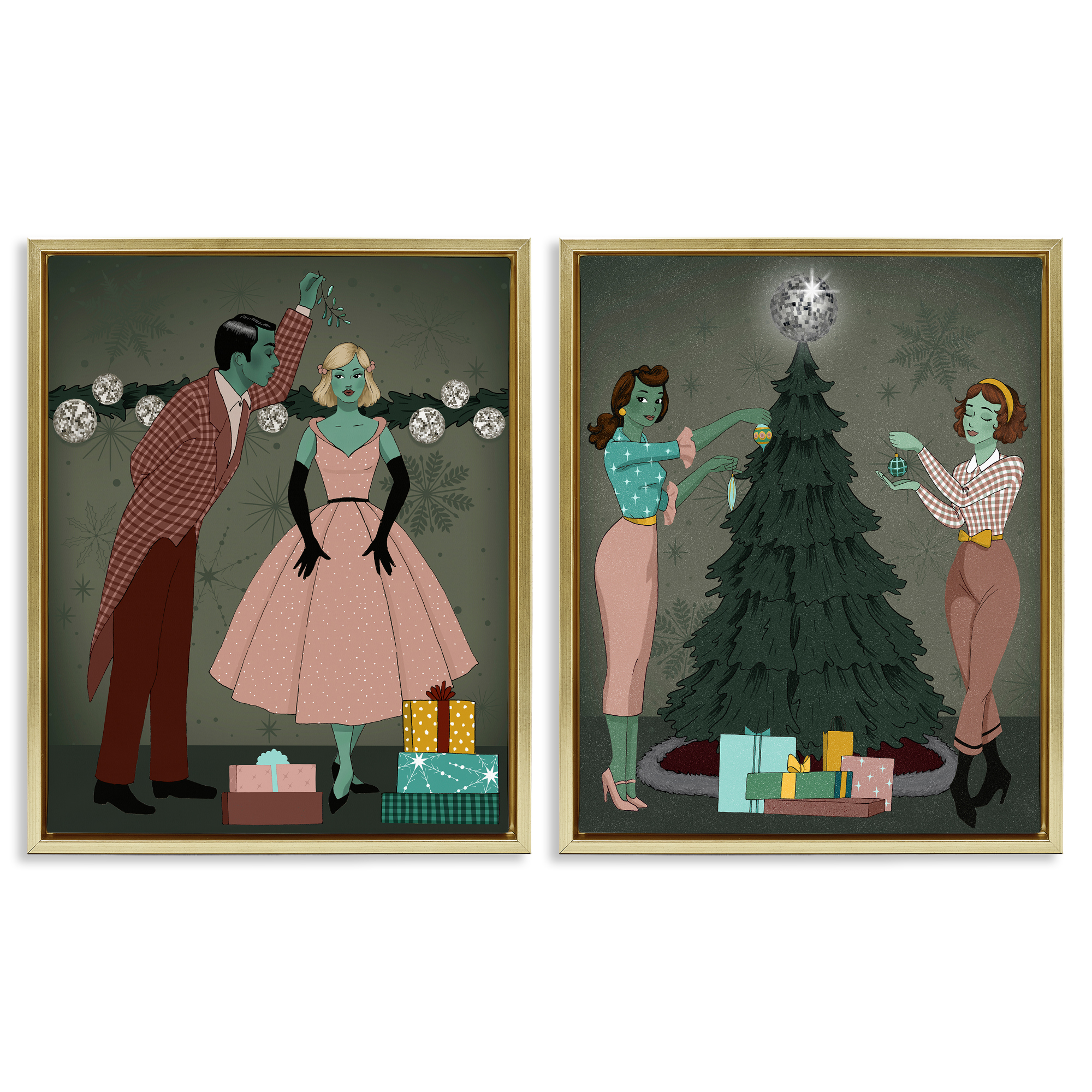 Stupell Industries Modern Festive Holiday Decorating Holiday Painting Gold Floater Framed Canvas Art Print Wall Art, 17 x 21, Set of 2