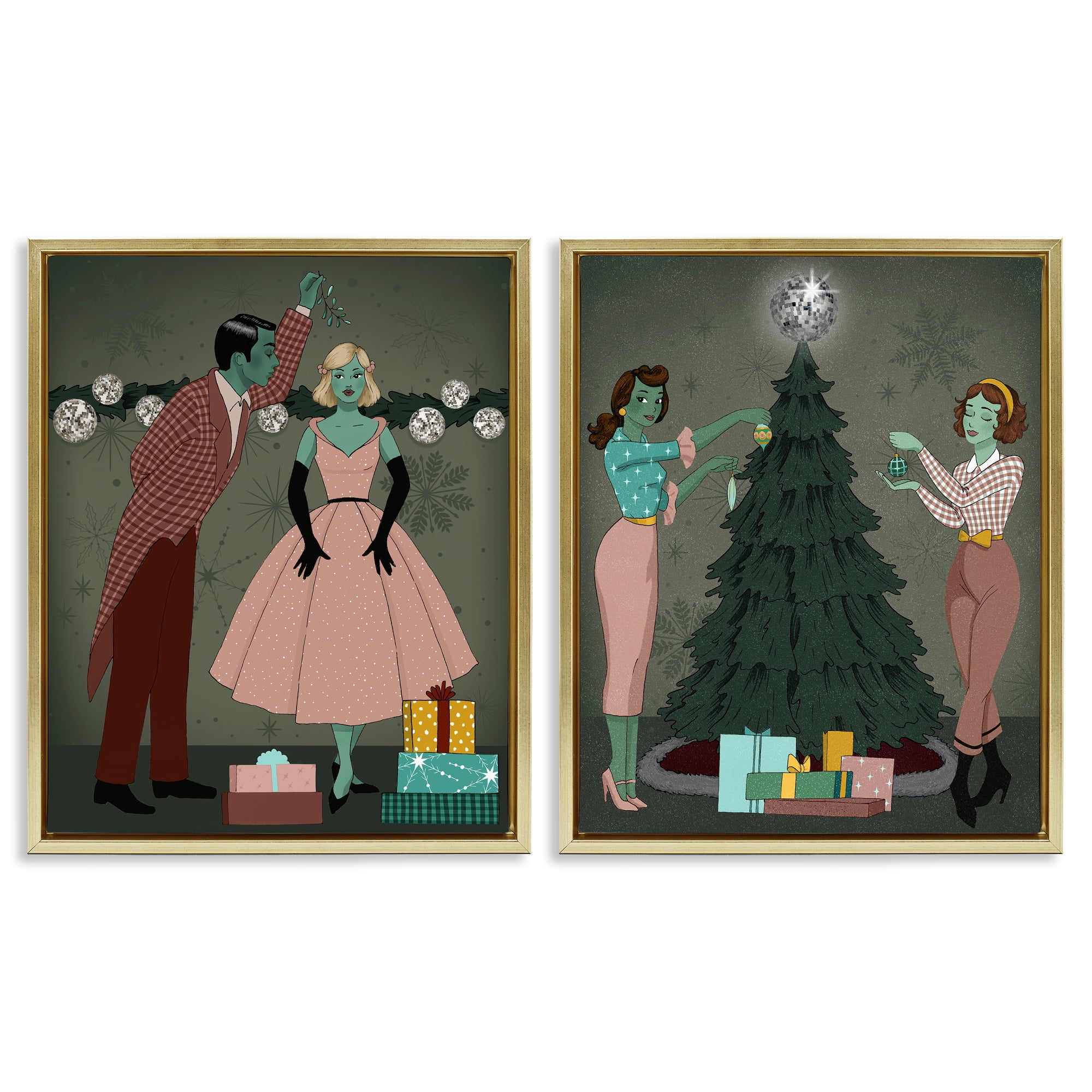 Stupell Industries Modern Festive Holiday Decorating Holiday Painting Gold Floater Framed Canvas Art Print Wall Art, 31 x 25, Set of 2