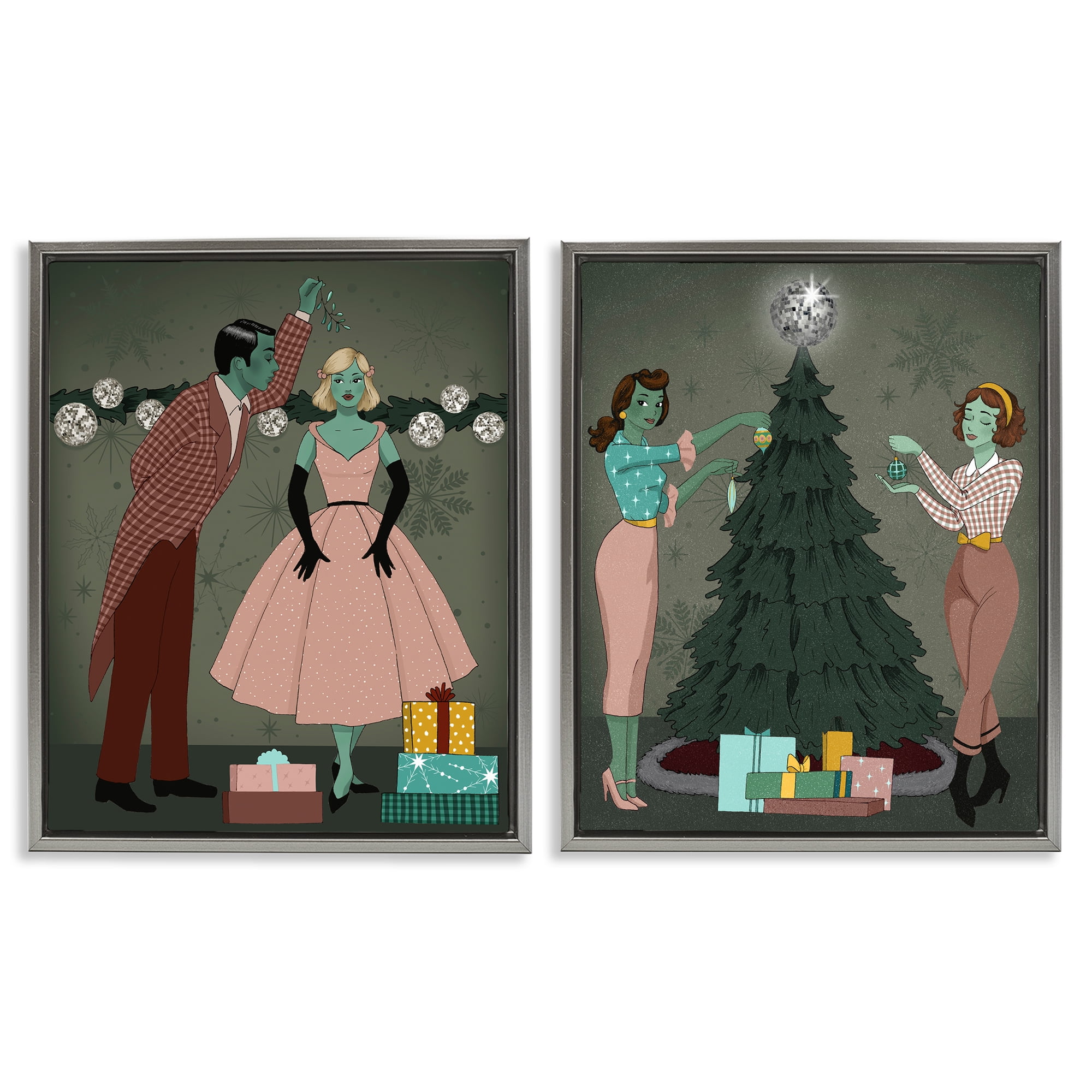 Stupell Industries Modern Festive Holiday Decorating Holiday Painting Gray Floater Framed Canvas Art Print Wall Art, 31 x 25, Set of 2