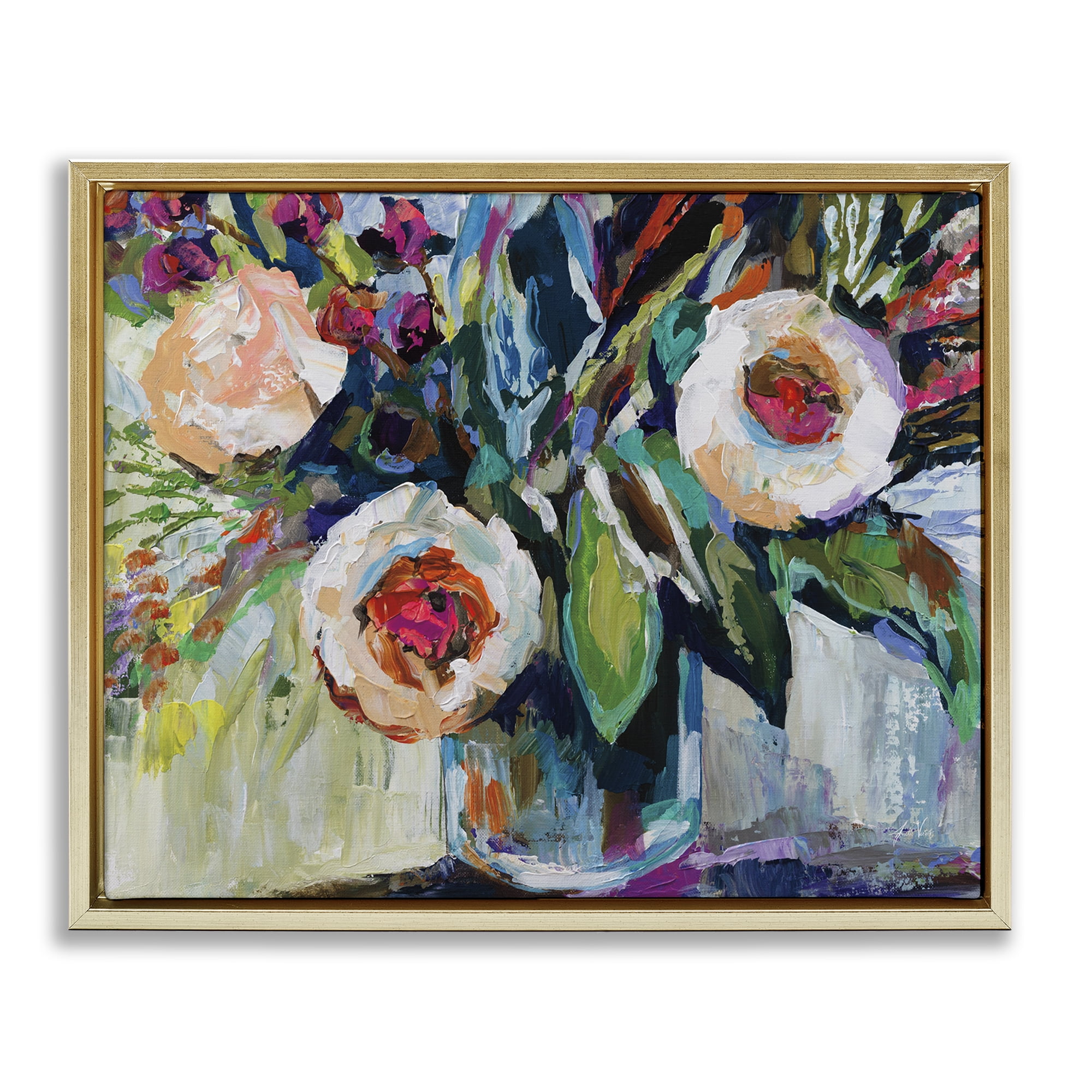 Stupell Industries Modern Fiesta Flowers Plants & Flowers Painting Gold Floater Framed Canvas Art Print Wall Art, 31 x 25