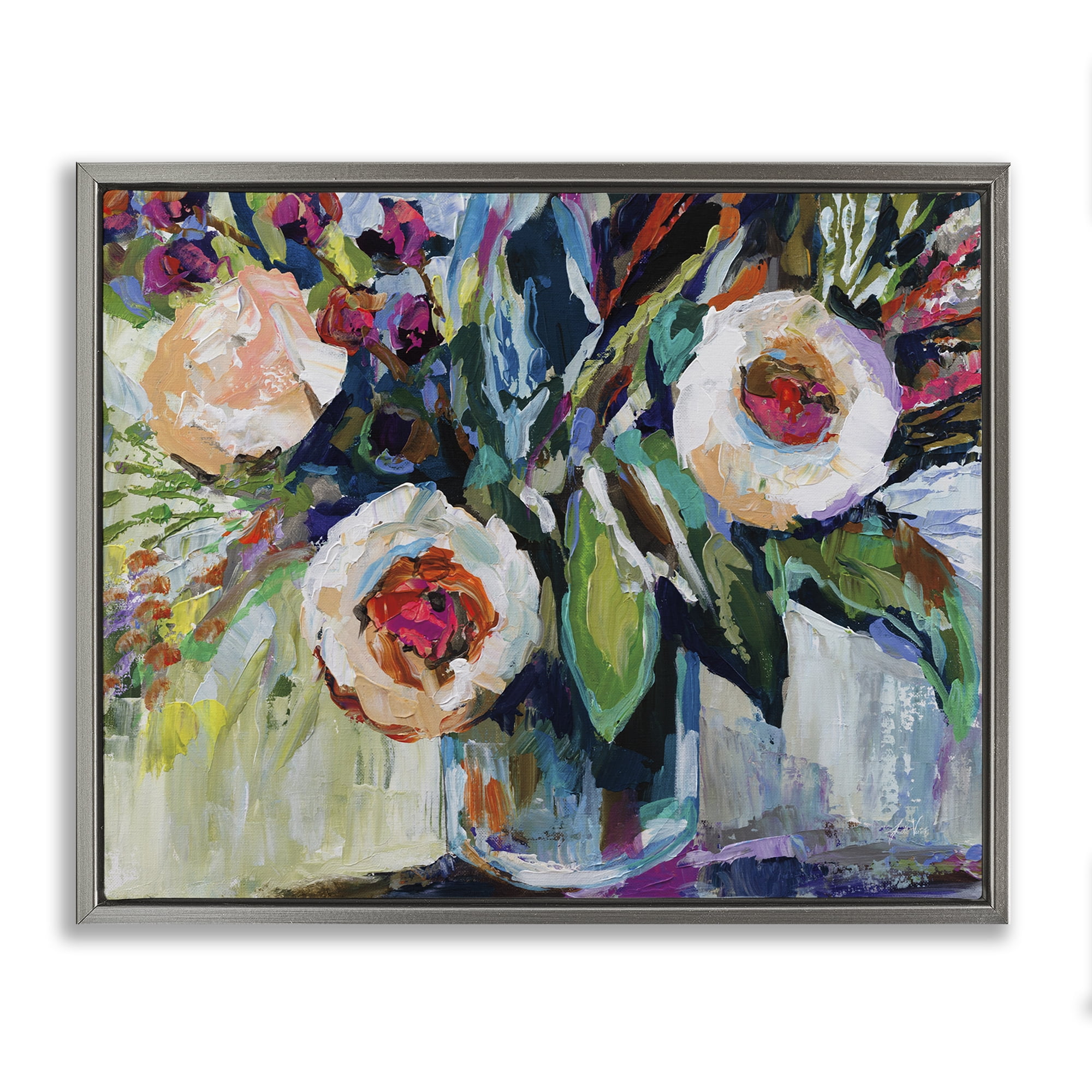 Stupell Industries Modern Fiesta Flowers Plants & Flowers Painting Gray Floater Framed Canvas Art Print Wall Art, 31 x 25