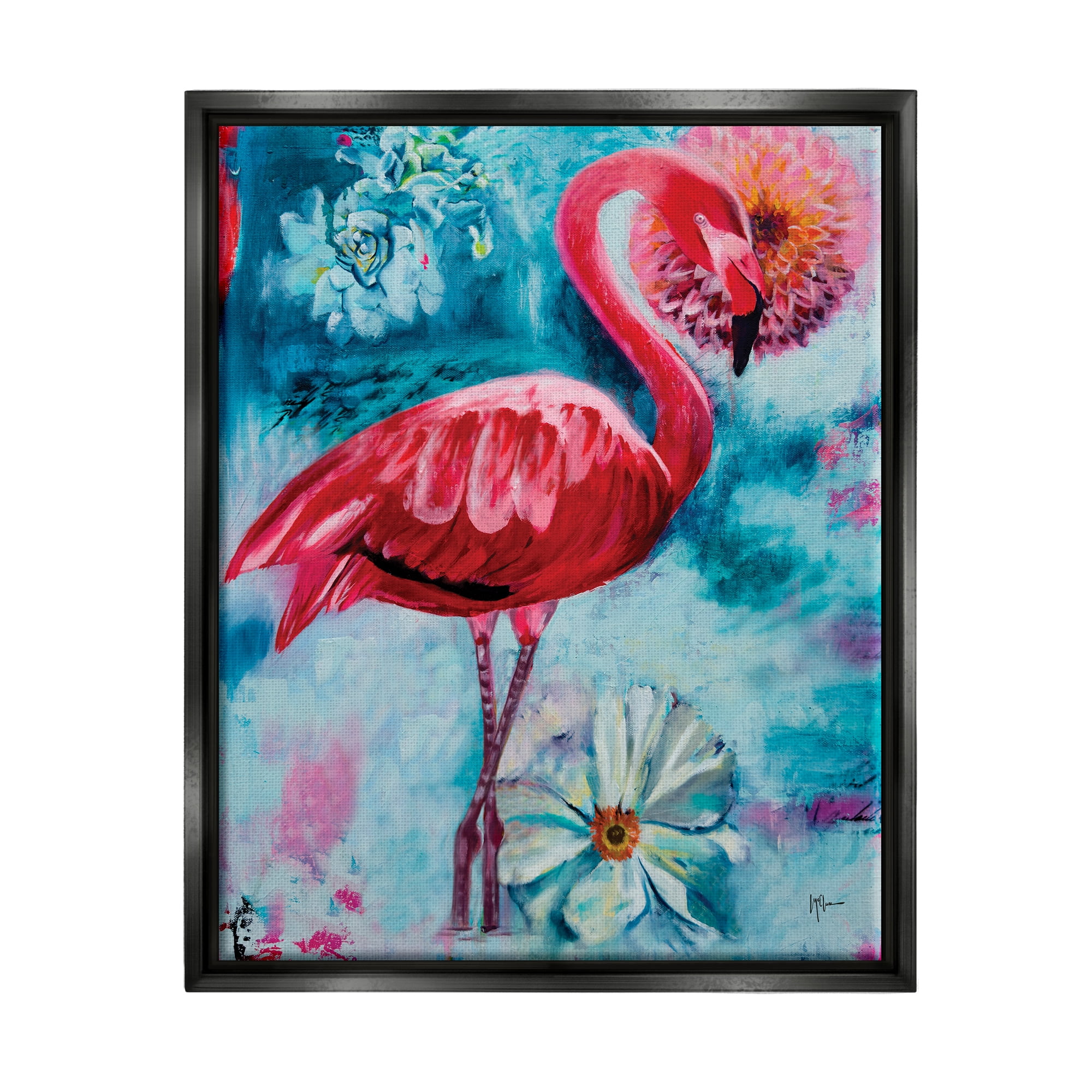 Stupell Industries Modern Flamingo & Blooms Animals & Insects Painting Black Floater Framed Canvas Art Print Wall Art, 25 x 31