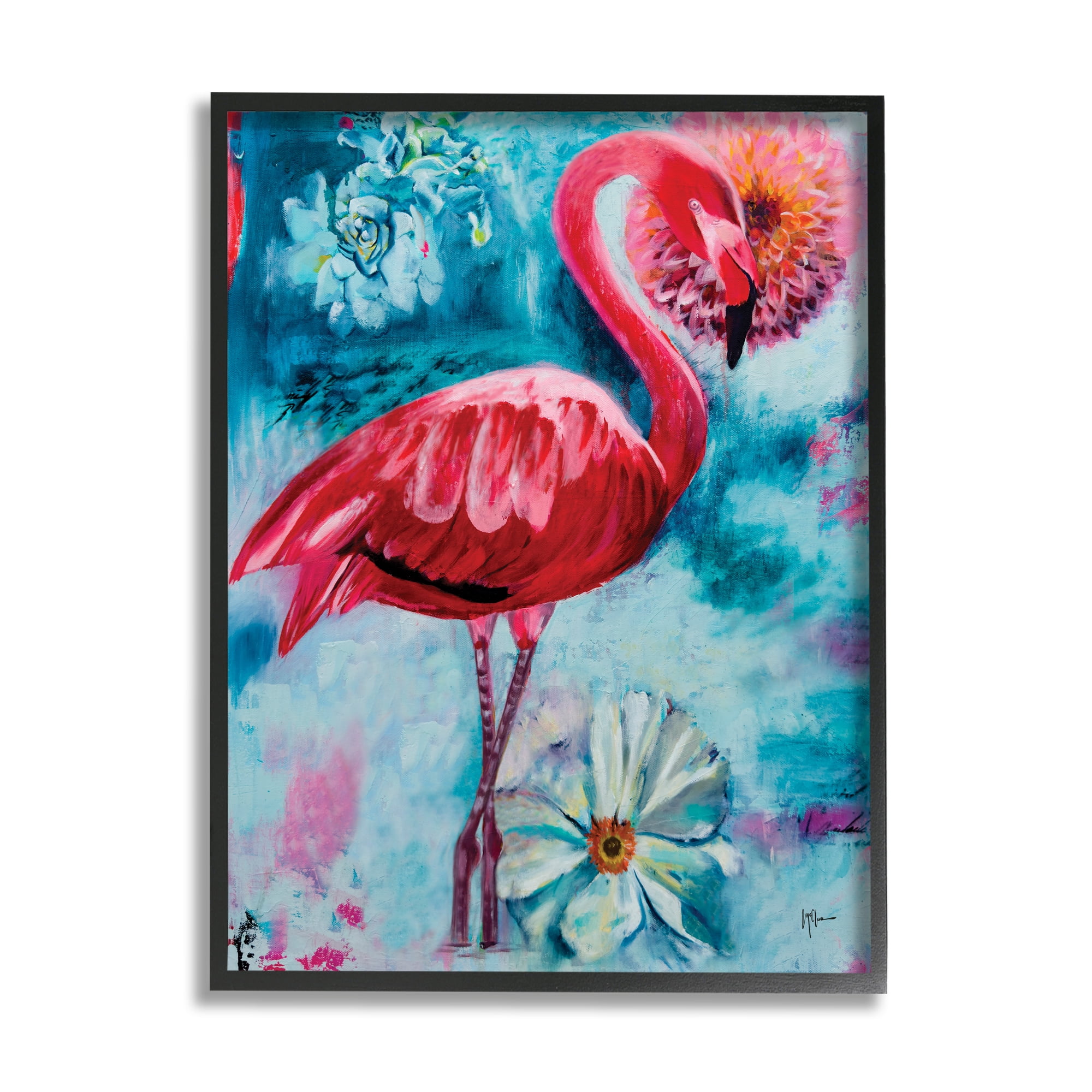 Stupell Industries Modern Flamingo & Blooms Animals & Insects Painting Black Framed Art Print Wall Art, 16 x 20