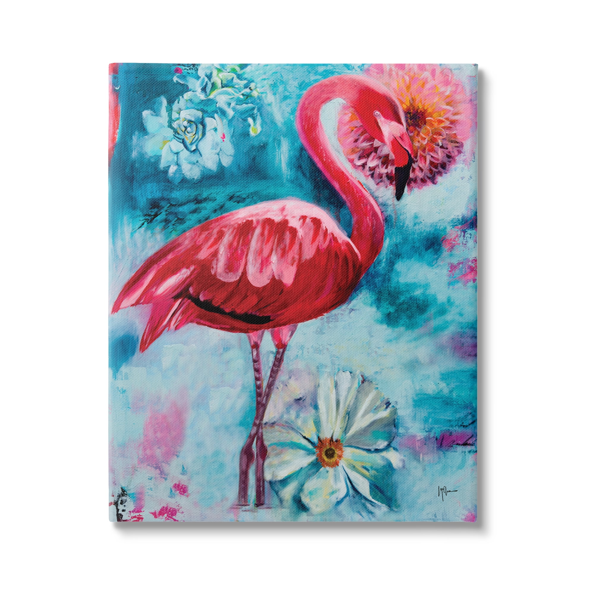 Modern Flamingo and Blooms Abstract Canvas Wall Art, 16 x 20