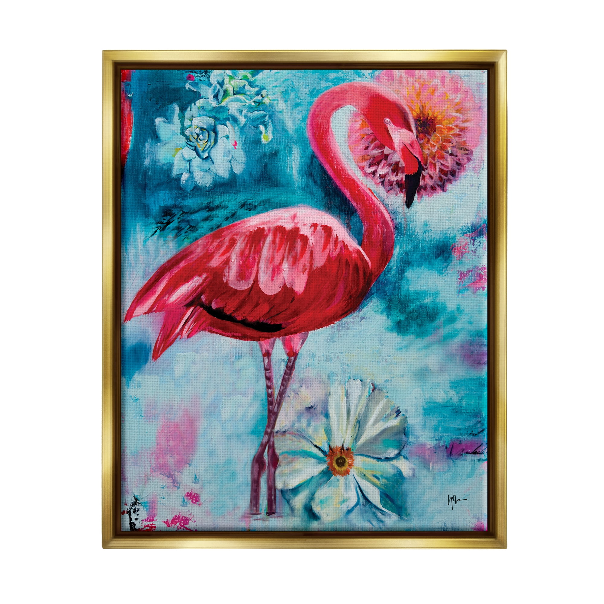 Stupell Industries Modern Flamingo & Blooms Animals & Insects Painting Gold Floater Framed Canvas Art Print Wall Art, 17 x 21