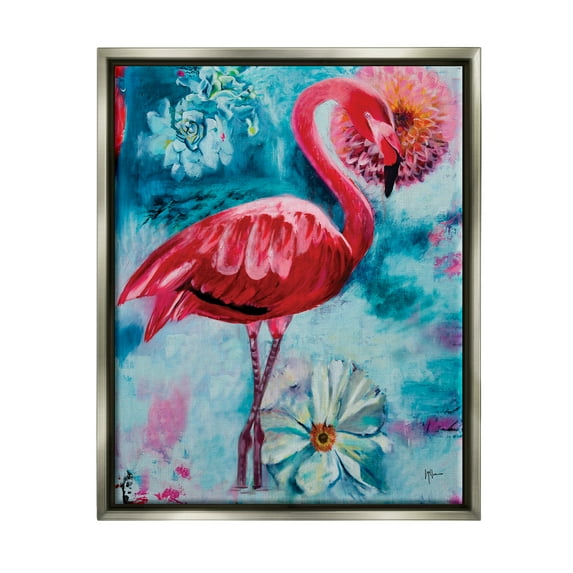 Stupell Industries Modern Flamingo & Blooms Animals & Insects Painting Gray Floater Framed Canvas Art Print Wall Art, 25 x 31