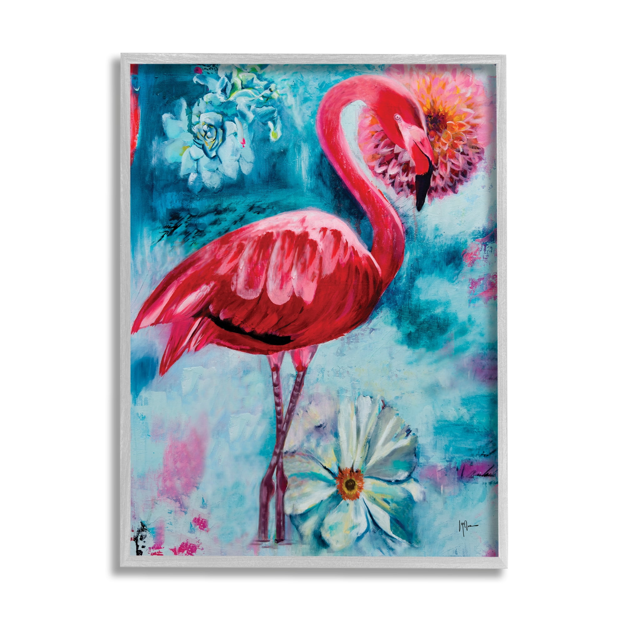 Stupell Industries Modern Flamingo & Blooms Animals & Insects Painting Gray Framed Art Print Wall Art, 16 x 20
