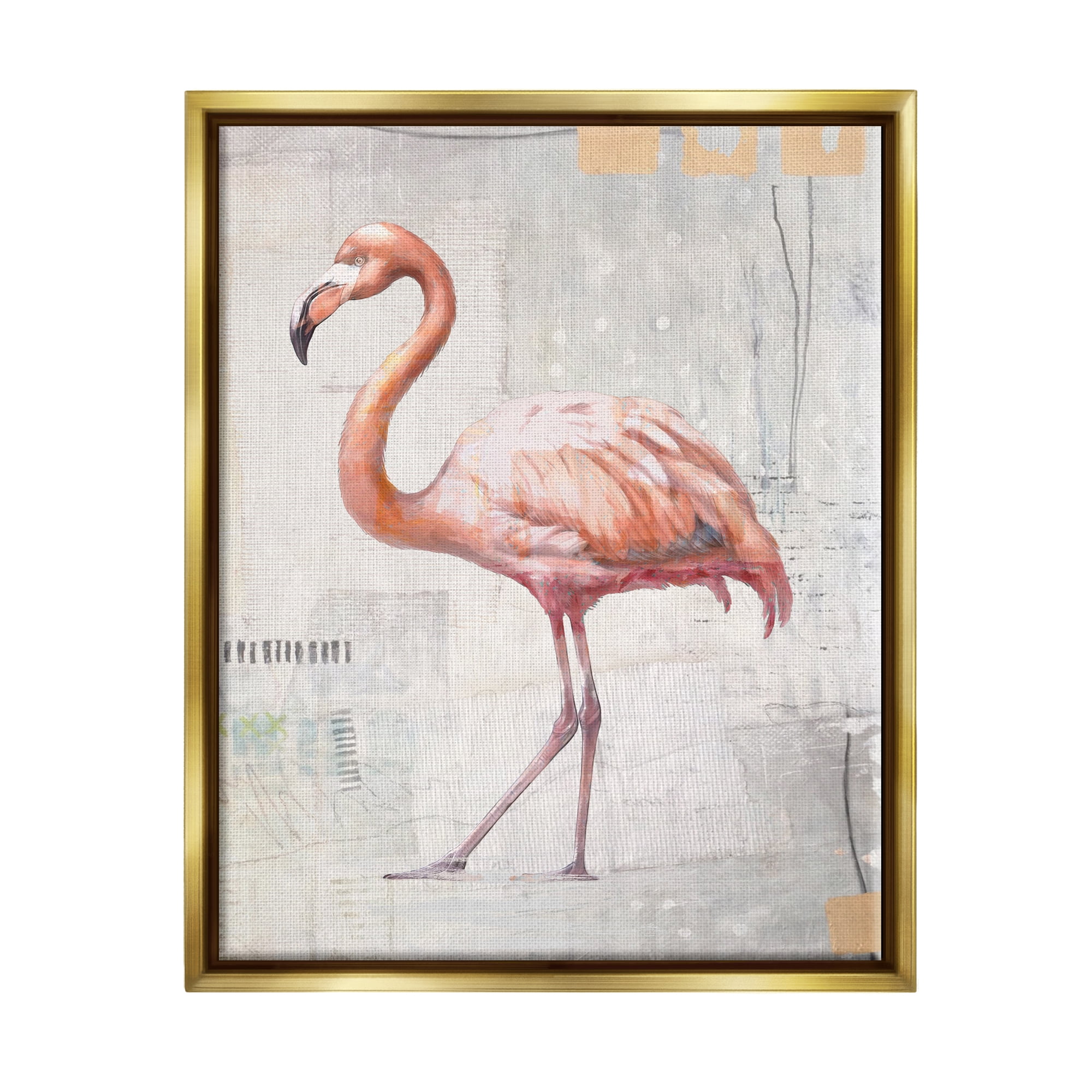 Stupell Industries Modern Flamingo Collage Animals & Insects Painting Gold Floater Framed Canvas Art Print Wall Art, 25 x 31