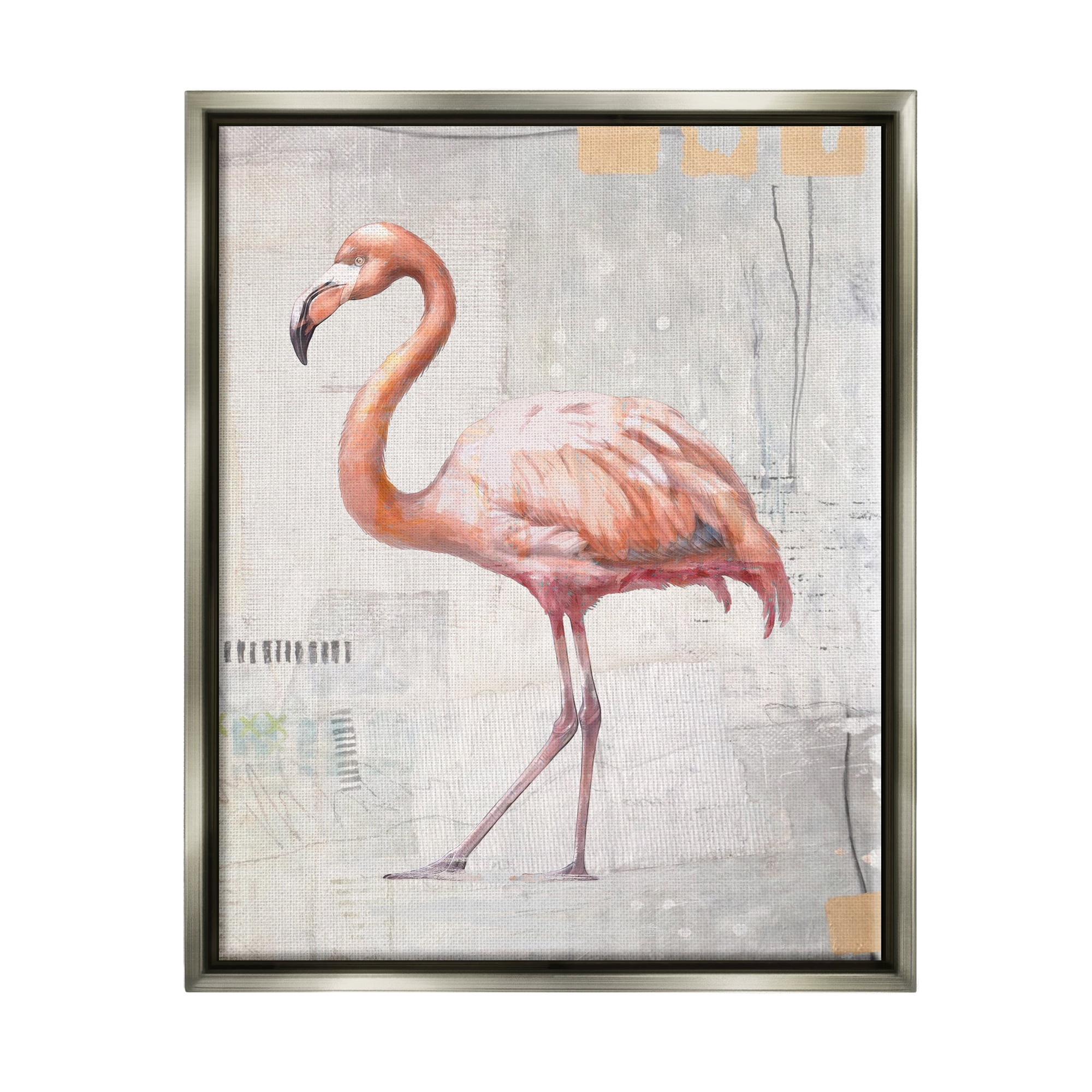 Stupell Industries Modern Flamingo Collage Animals & Insects Painting Gray Floater Framed Canvas Art Print Wall Art, 17 x 21
