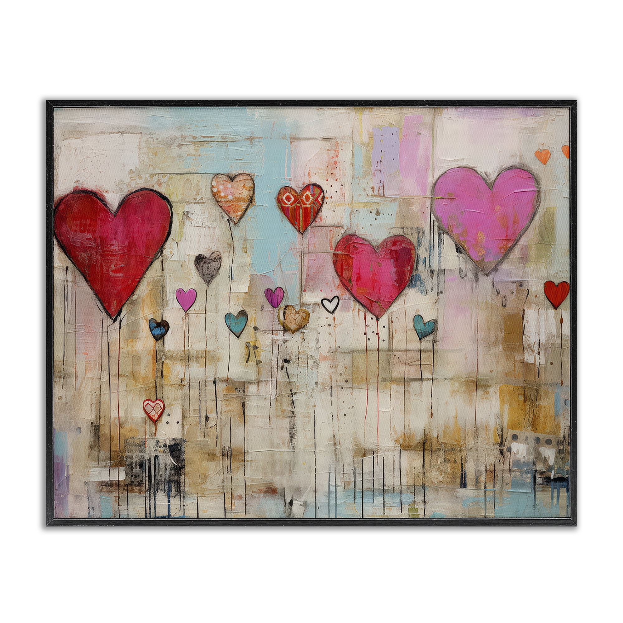 Stupell Industries Modern Floating Hearts Abstract Painting Black Framed Art Print Wall Art, 20 x 16