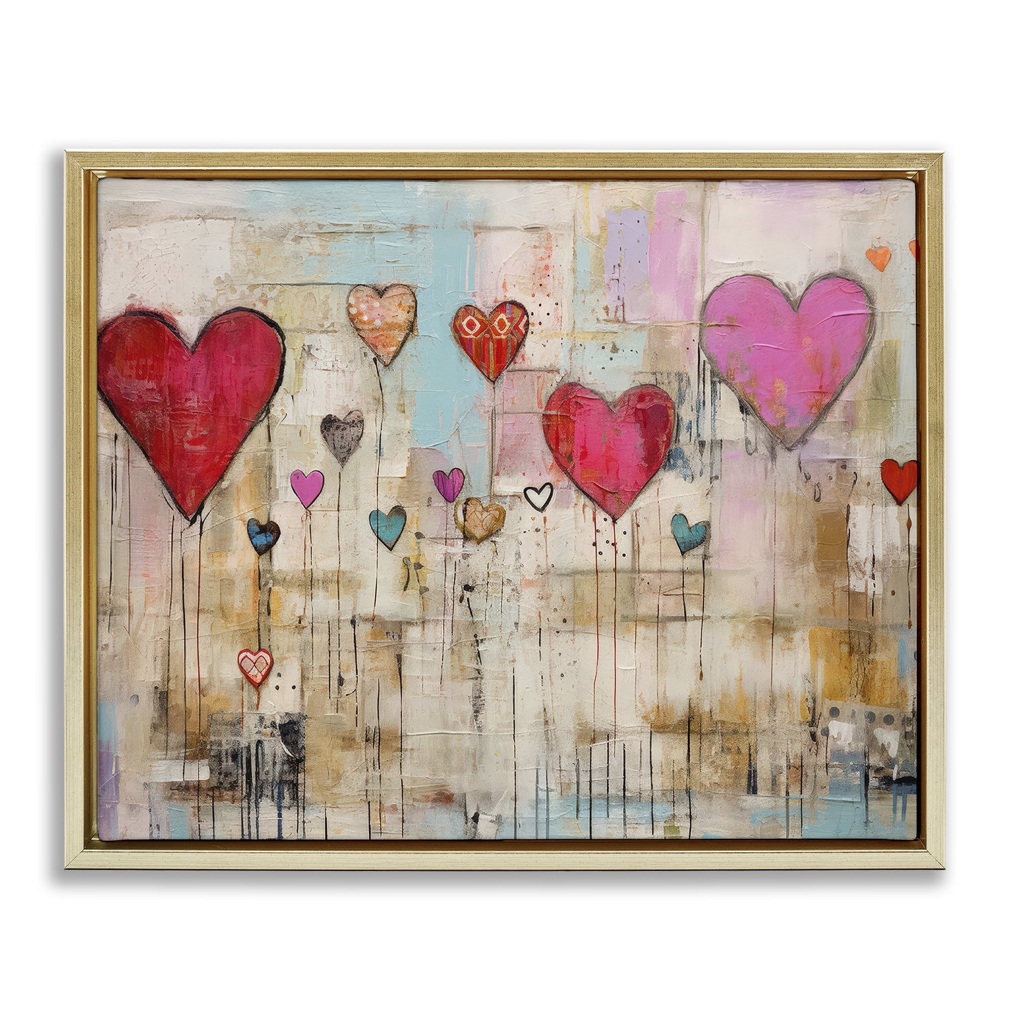 Stupell Industries Modern Floating Hearts Abstract Painting Gold Floater Framed Canvas Art Print Wall Art, 31 x 25