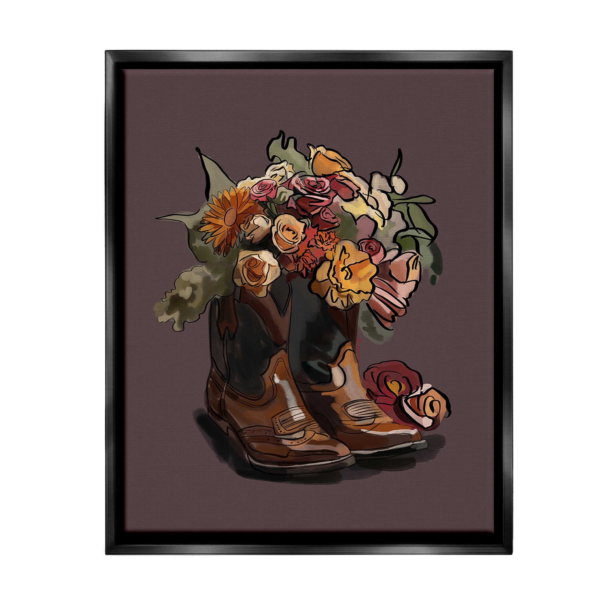 Stupell Industries Modern Floral Boot Bouquet Botanical & Floral Painting Black Floater Framed Canvas Art Print Wall Art, 17 x 21