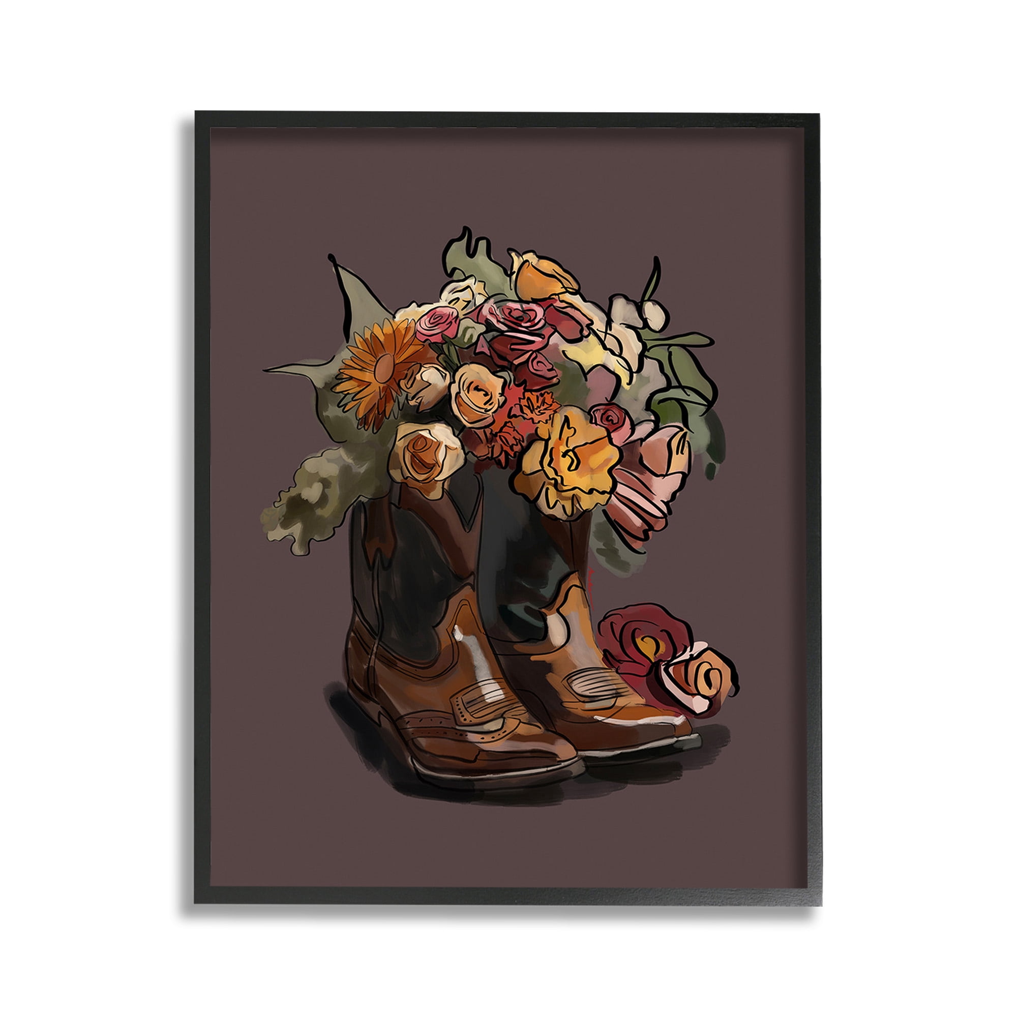 Stupell Industries Modern Floral Boot Bouquet Botanical & Floral Painting Black Framed Art Print Wall Art, 11 x 14