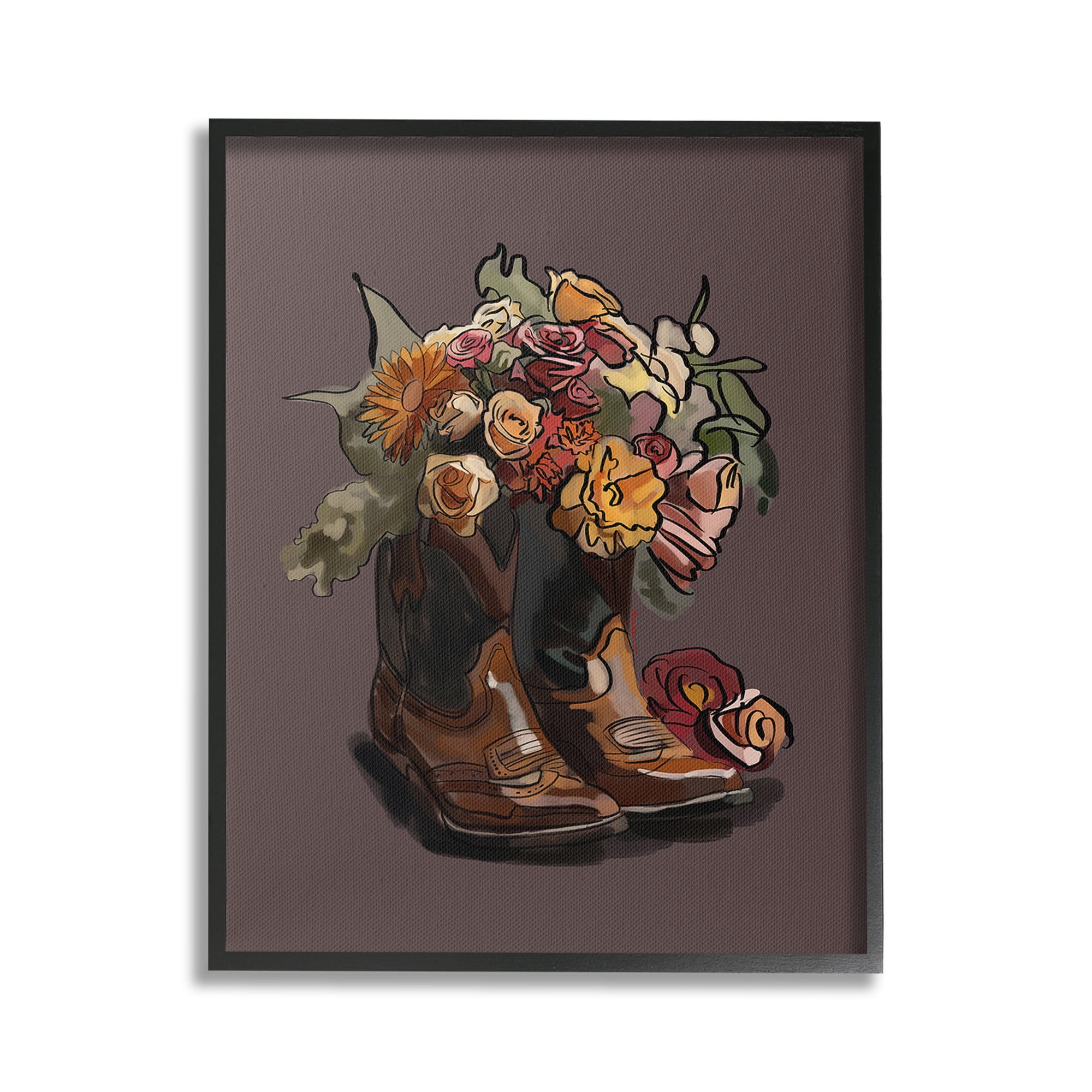 Stupell Industries Modern Floral Boot Bouquet Botanical & Floral Painting Black Framed Art Print Wall Art, 16 x 20