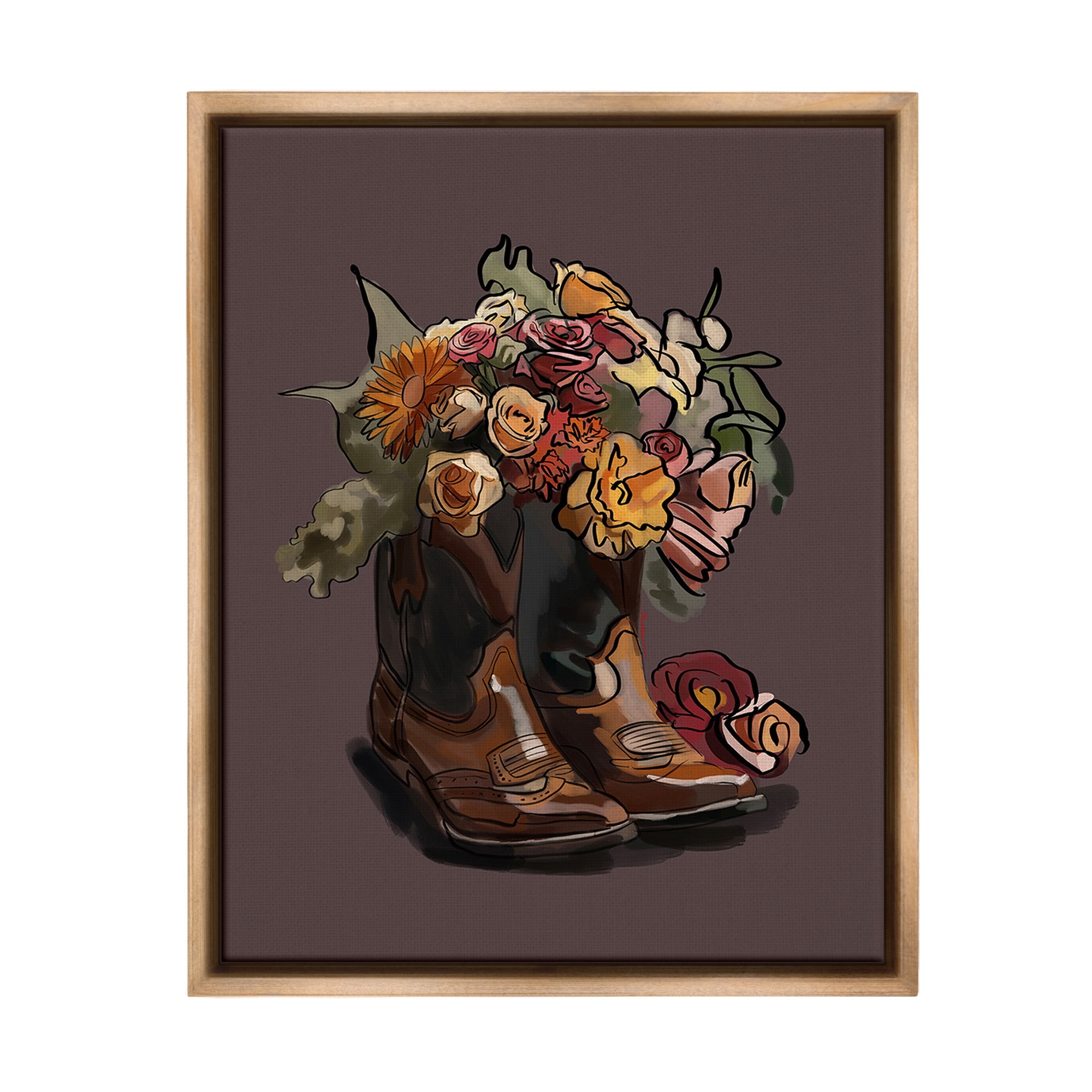 Stupell Industries Modern Floral Boot Bouquet Botanical & Floral Painting Brown Floater Framed Canvas Art Print Wall Art, 25 x 31
