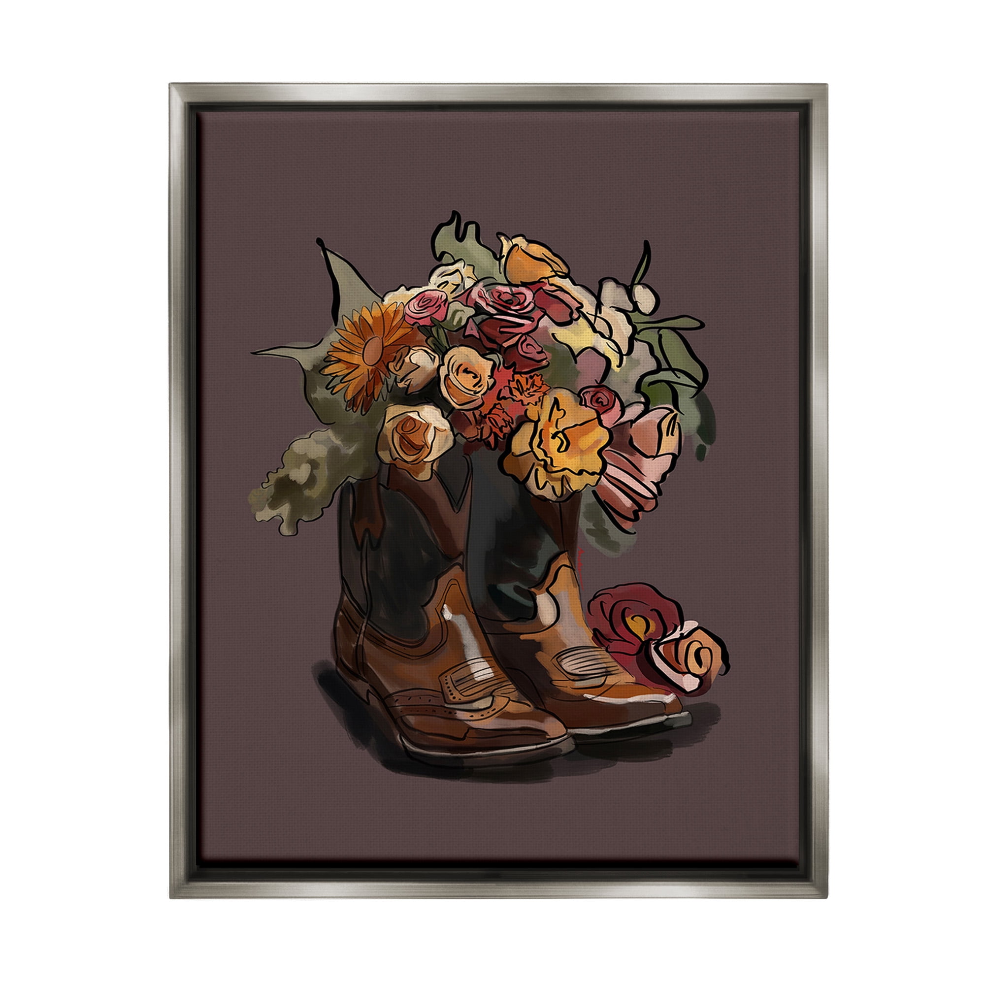 Stupell Industries Modern Floral Boot Bouquet Botanical & Floral Painting Gray Floater Framed Canvas Art Print Wall Art, 17 x 21