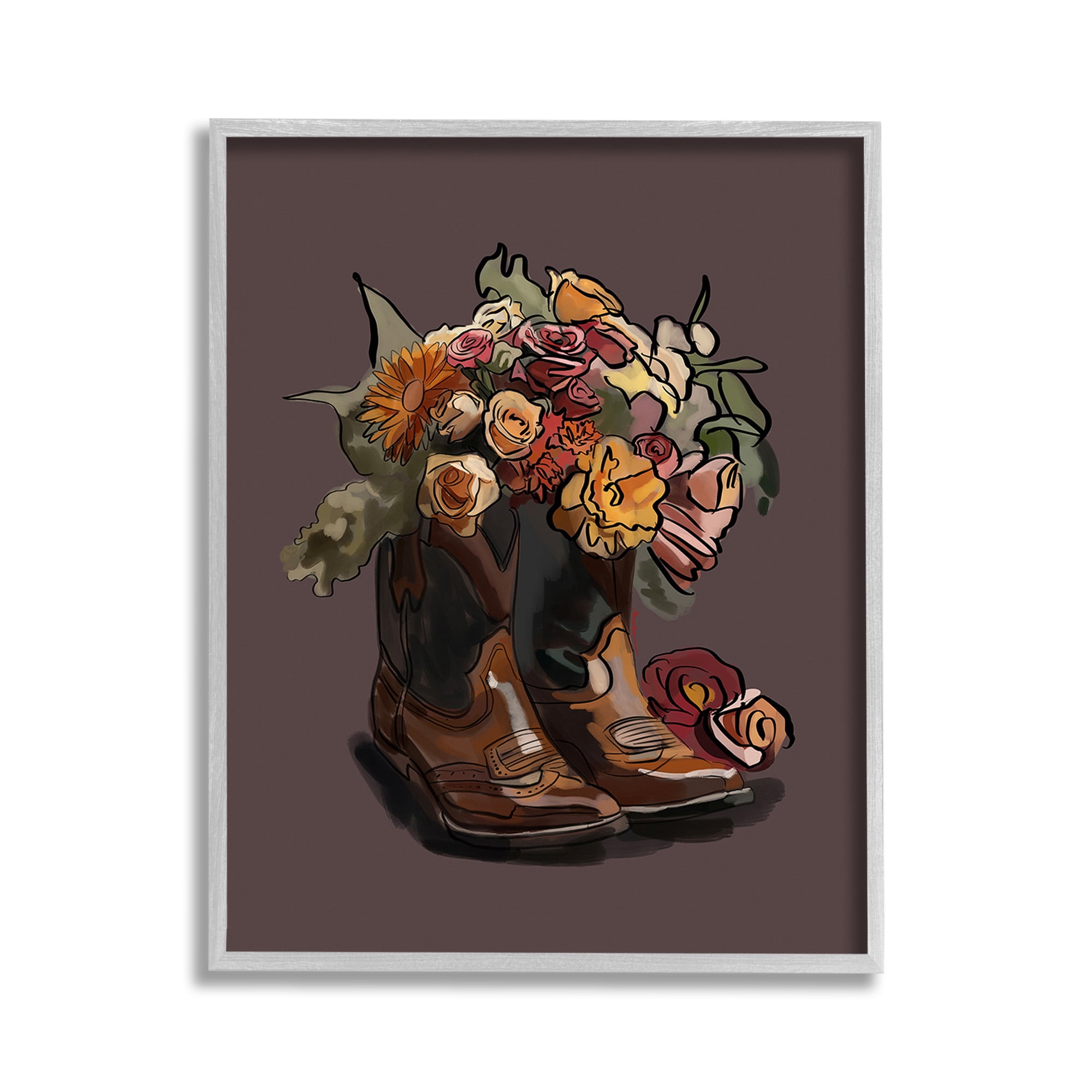 Stupell Industries Modern Floral Boot Bouquet Botanical & Floral Painting Gray Framed Art Print Wall Art, 11 x 14