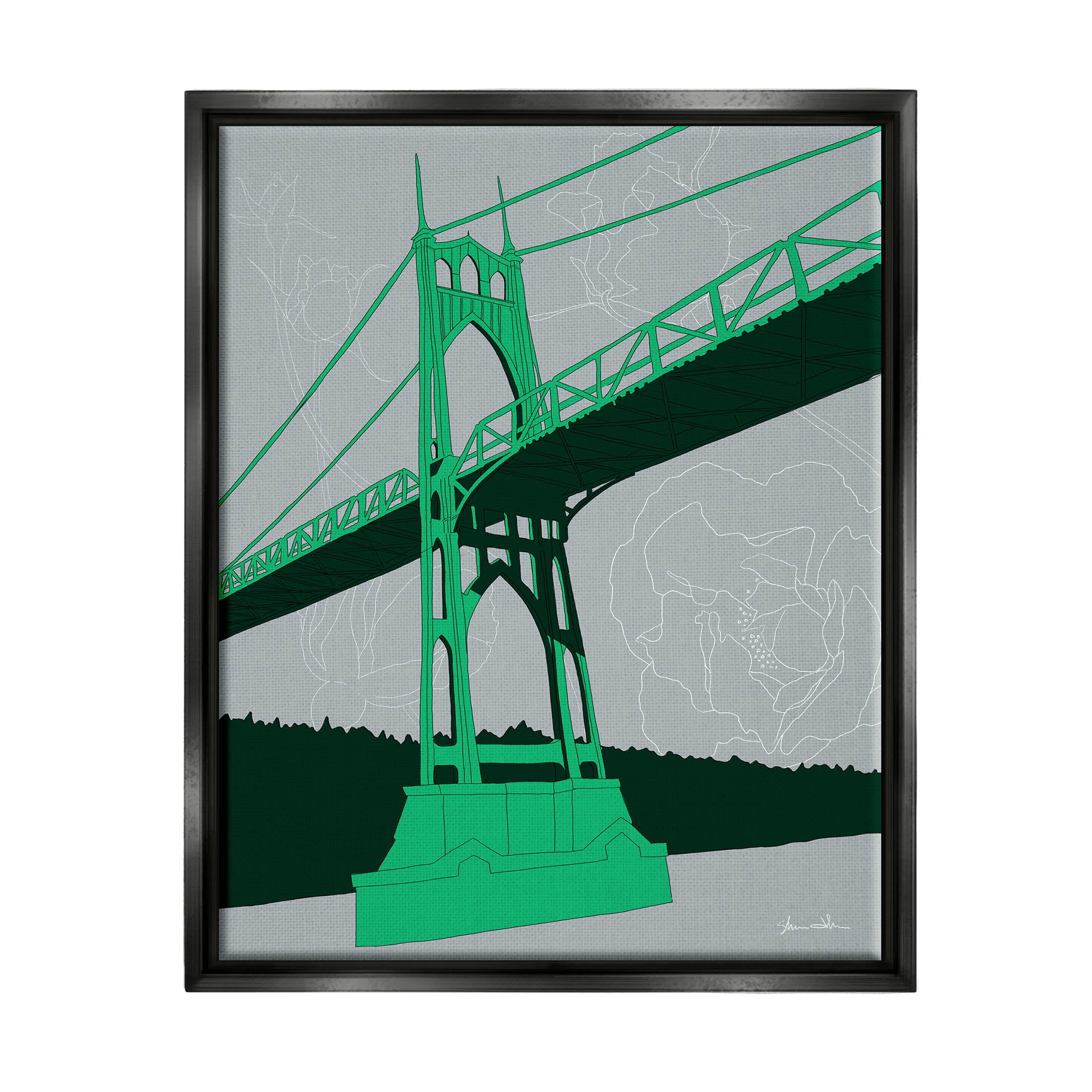 Stupell Industries Modern Floral Bridge Architecture Graphic Art Jet Black Floating Framed Canvas Print Wall Art, Design by Shane Donahue