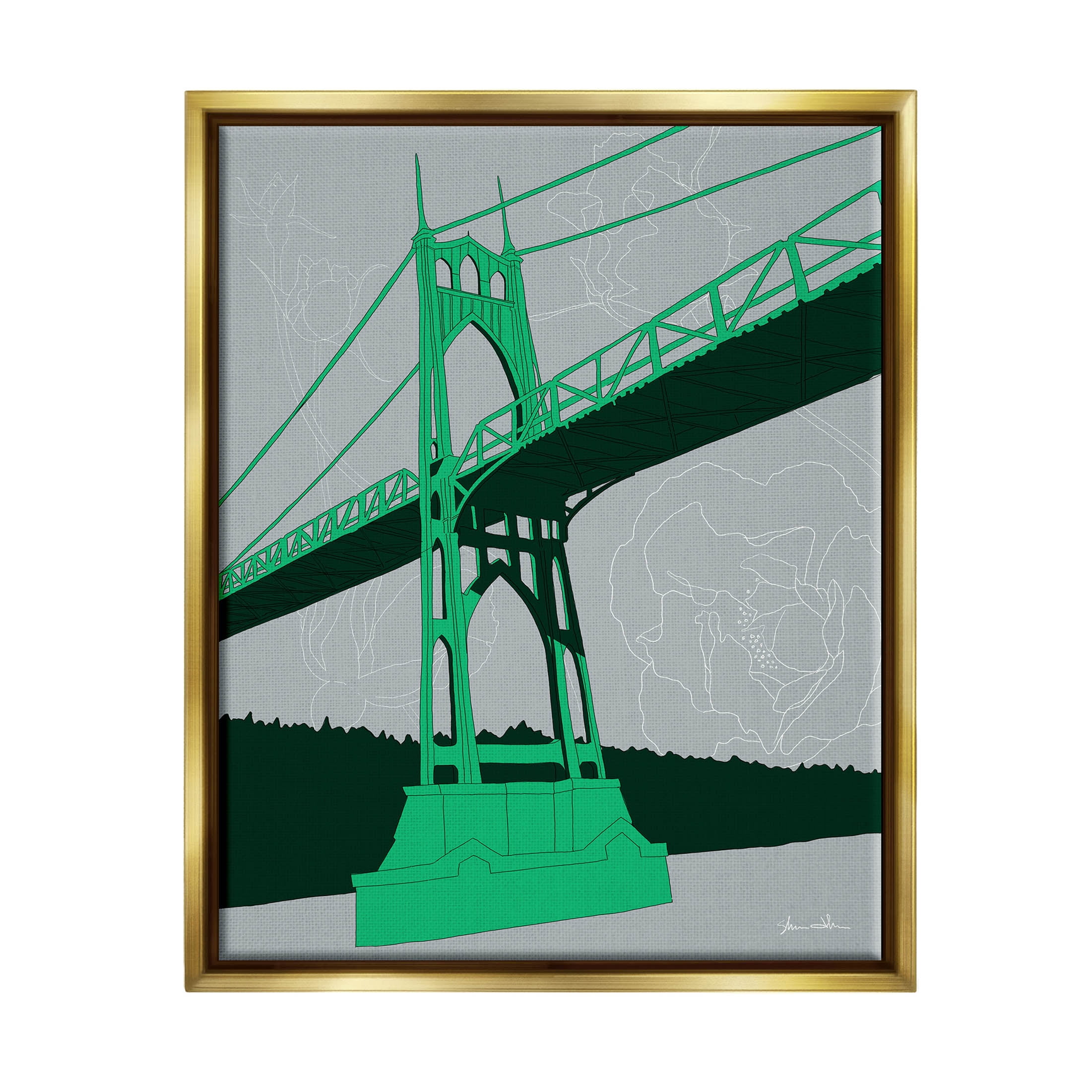 Stupell Industries Modern Floral Bridge Architecture Graphic Art Metallic Gold Floating Framed Canvas Print Wall Art, Design by Shane Donahue