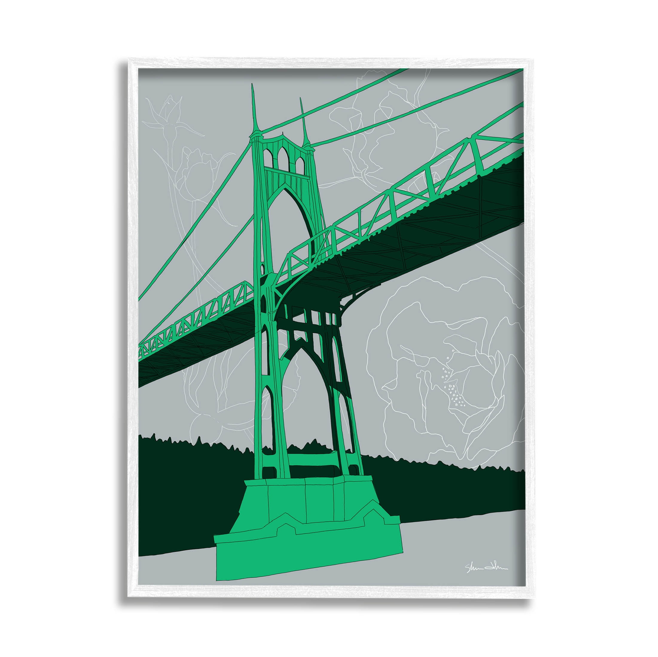 Stupell Industries Modern Floral Bridge Architecture Graphic Art White Framed Art Print Wall Art, Design by Shane Donahue