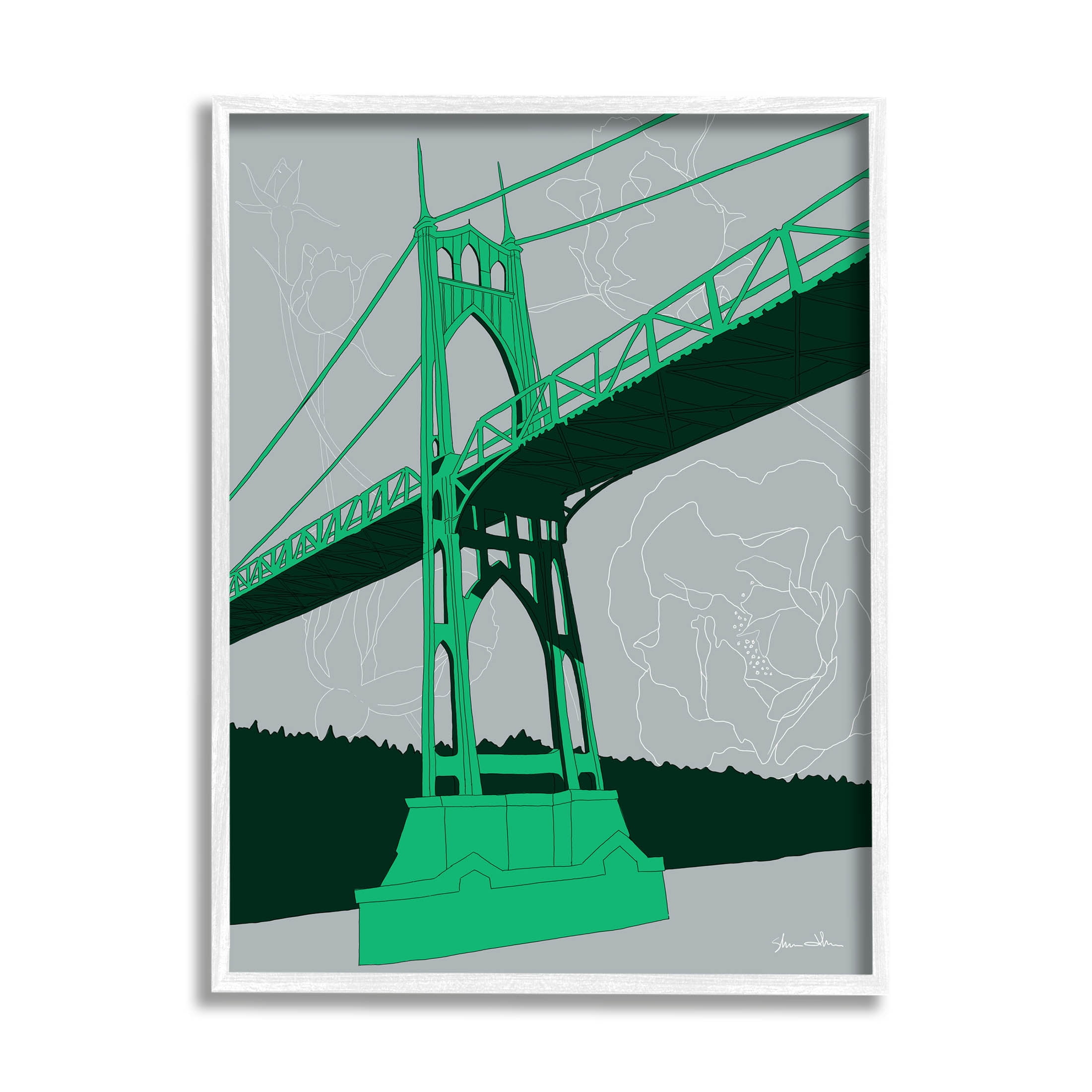 Stupell Industries Modern Floral Bridge Architecture Graphic Art White Framed Art Print Wall Art, Design by Shane Donahue