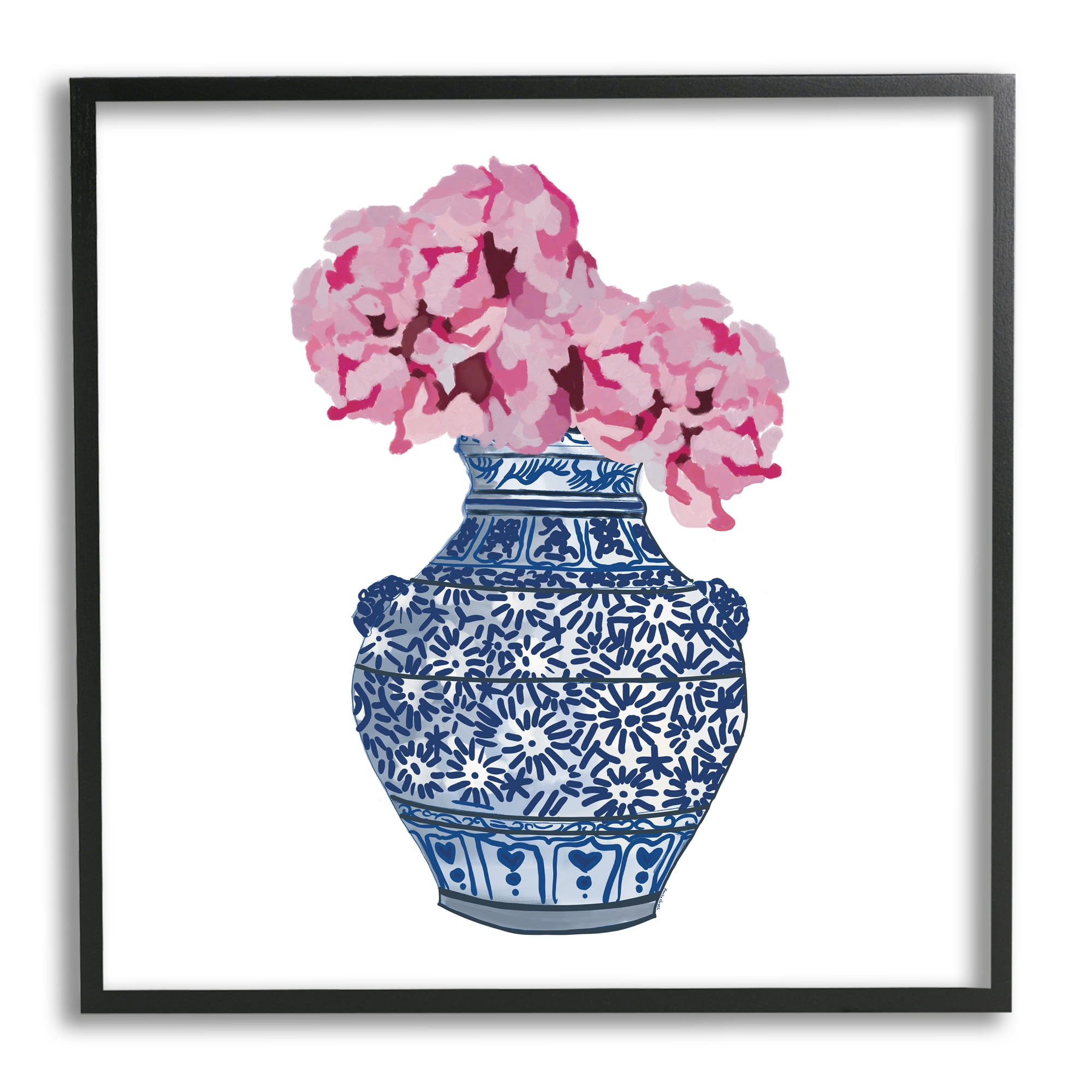 Stupell Industries Modern Floral Ikebana Arrangement Ornate Blue Vase Graphic Art Black Framed Art Print Wall Art, Design by Amelia Noyes