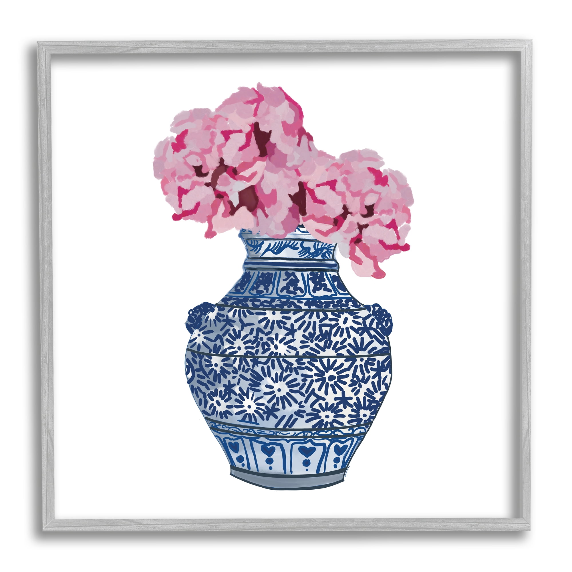 Stupell Industries Modern Floral Ikebana Arrangement Ornate Blue Vase Graphic Art Gray Framed Art Print Wall Art, Design by Amelia Noyes